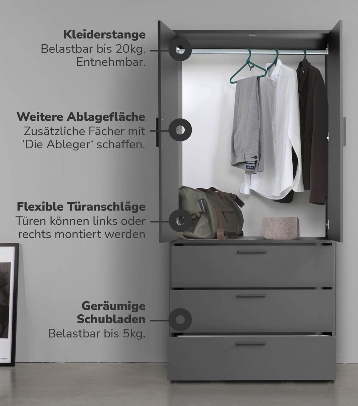 KLEIDERSCHRANK Der Grenzenlose - Anthrazit, Holzwerkstoff (90/187/58cm) - Mokebo