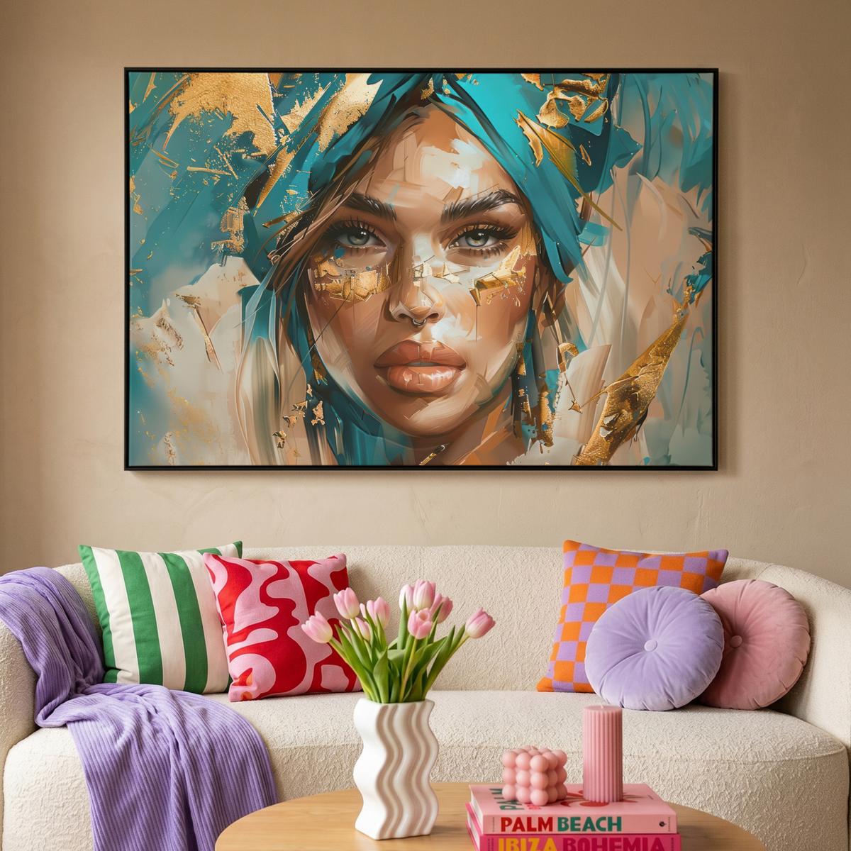 LEINWAND Bilder mit Rahmen - Frau - Porträt - Gold - Luxus - Blau - 150x100 - Türkis, Textil (150/100cm) - MuchoWow