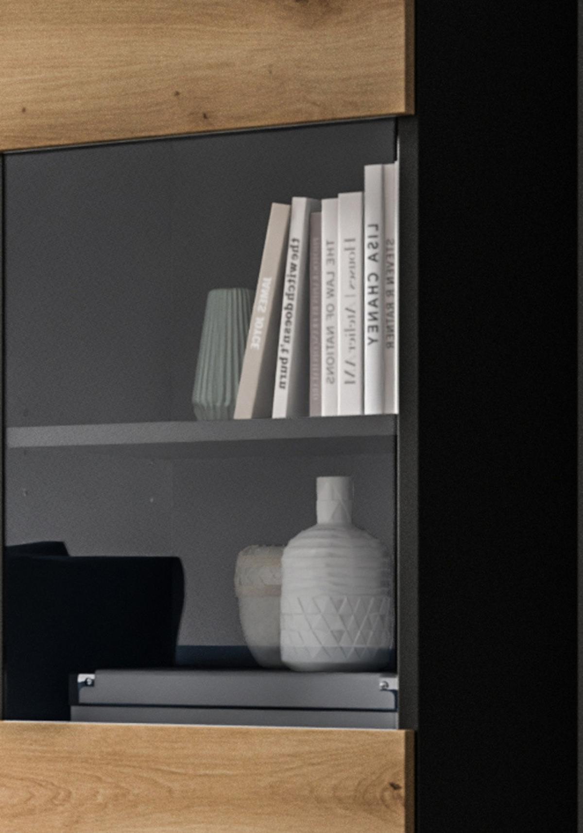 WOHNWAND Eiche Artisan und Grau, Schrankwand 270 cm hängend oder stehend, Soft-Close - Schwarz/Eiche Artisan, Glas/Holzwerkstoff (272/141/33cm)