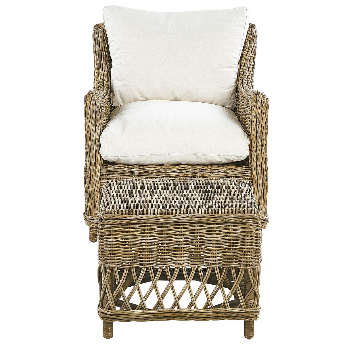 GARTENSESSEL 2er-SET mit Hocker Rattan natürlich Auflagen cremeweiß Ribolla - Beige/Naturfarben, Naturmaterialien (66/78/70cm) - Beliani