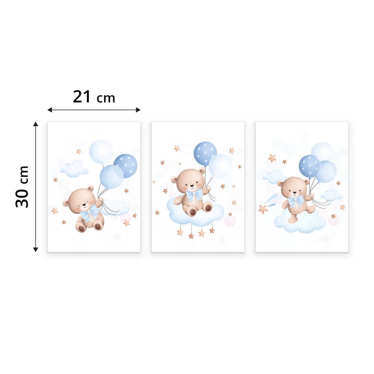 POSTER SET für Kinderzimmer Teddybären blauen Ballons Wolken Sterne 3x Poster A4 21x30cm - Gelb/Beige, Papier (21/30/1cm) - Muralo