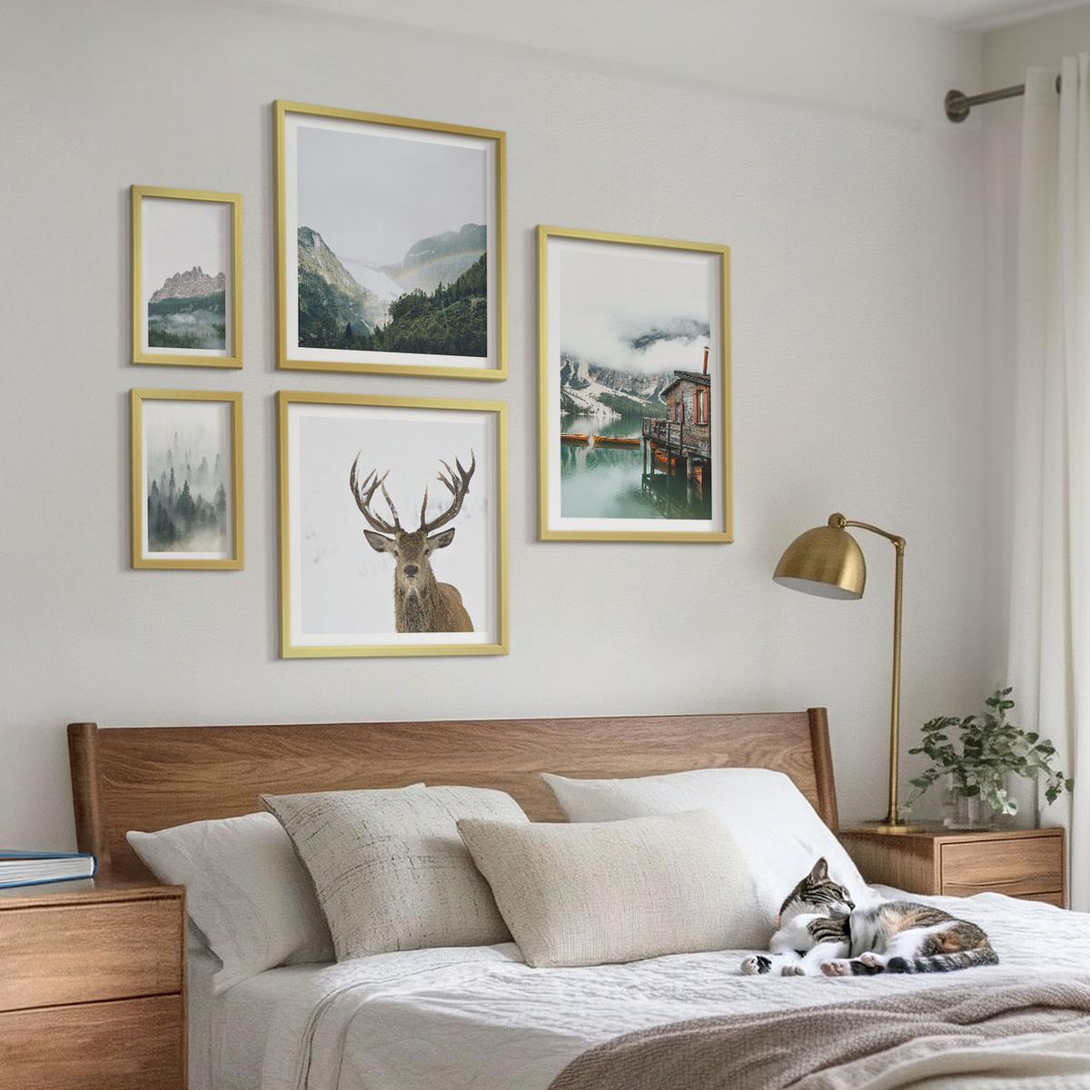 BILDER SET 5er Set - 50x50 cm & 20x30 cm & 40x60 cm Goldrahmen - Berge, See, Hirsche, Hütte, Nebel - Goldfarben, Kunststoff (40/60cm) - TULUP