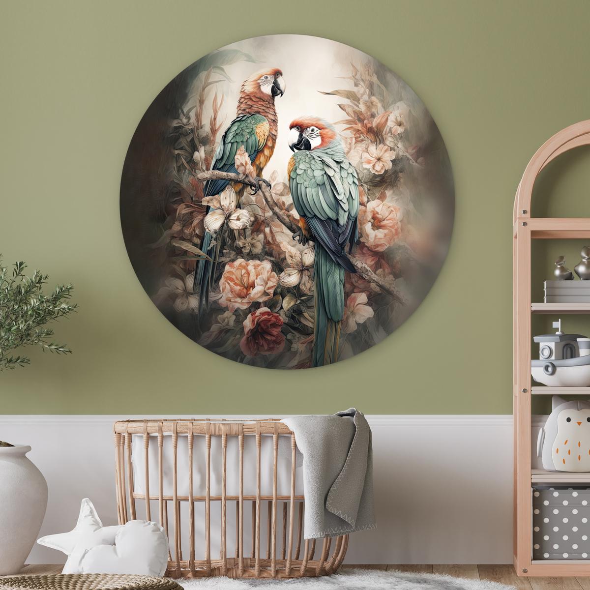 WANDBILD Papageien - Vögel - Natur - Blumen Deko Groß 150x150 cm - Baltimorefarben, Kunststoff (150/150cm) - MuchoWow