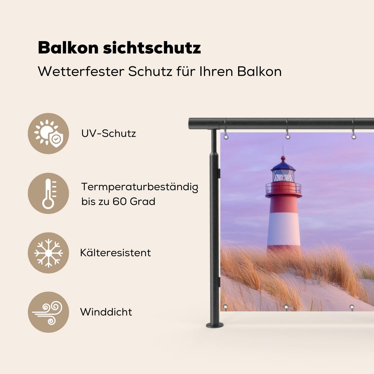 BALKON-SICHTSCHUTZ Leuchtturm - Dünen - Sonnenuntergang Balkon Deko 300x110 cm - Hellrosa, Kunststoff (300/110cm) - MuchoWow