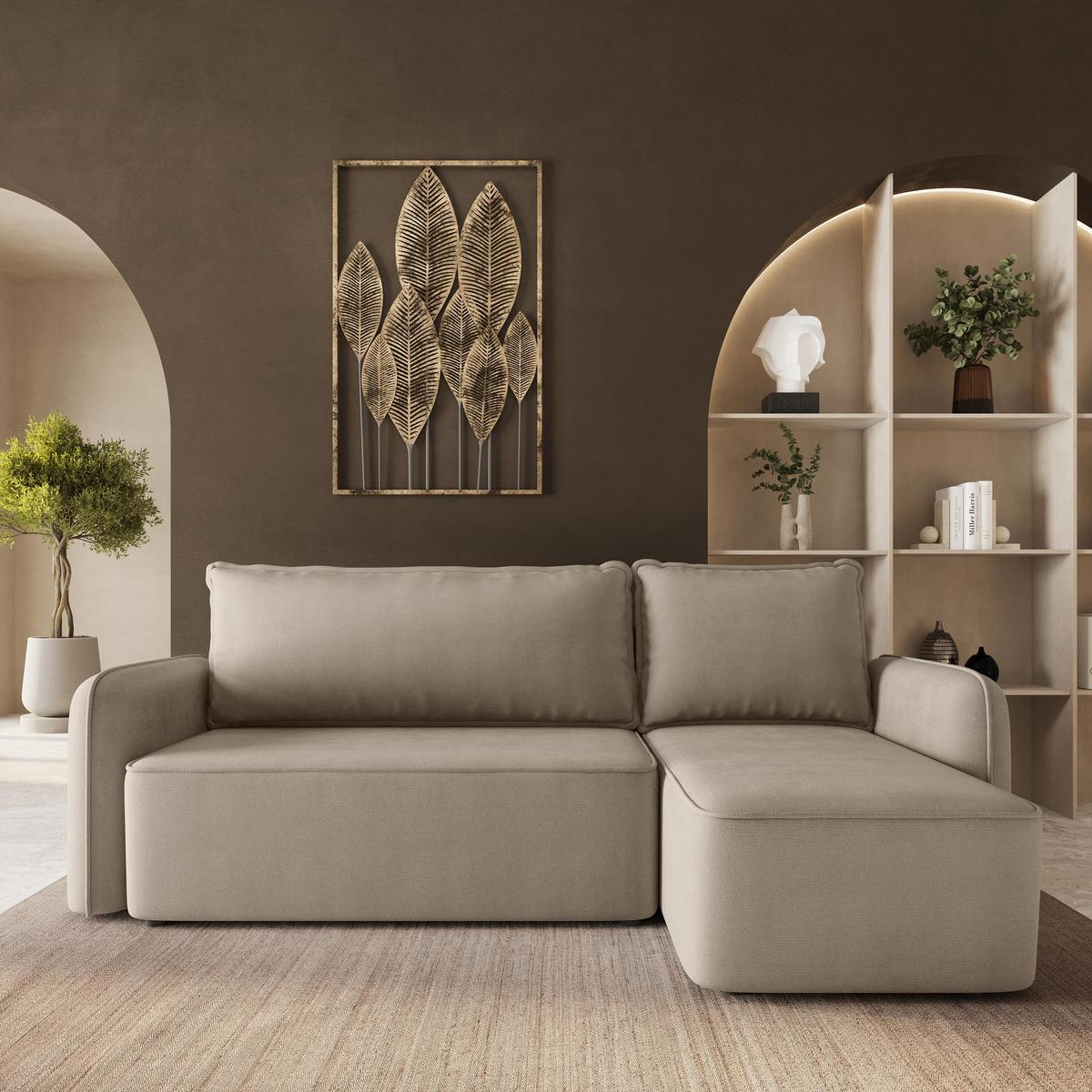 ECKSOFA DOLVER Beige Plüsch-Stoff mit Schlaffunktion - Beige, Holz (238/156cm) - MASSENO