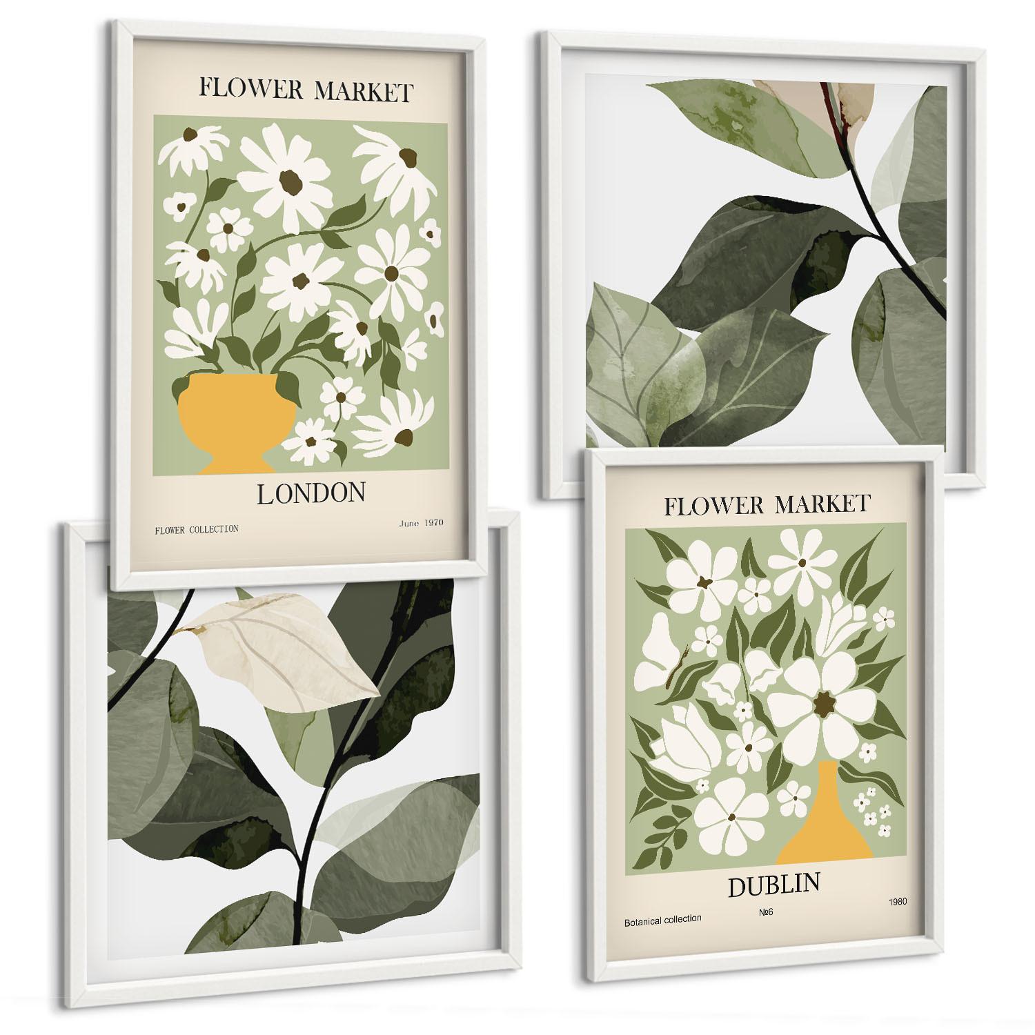 BILDER SET 4er Set - 50x50 cm & 40x60 cm Weißer Rahmen - Blumenmuster London Dublin - Weiß, Kunststoff (50/50cm) - TULUP