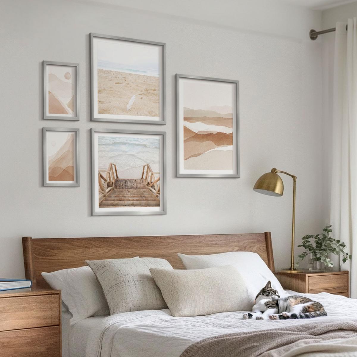 BILDER SET 5er Set - 50x50 cm & 20x30 cm & 40x60 cm Silberner Rahmen - Abstrakte braune Landschaften - Silberfarben, Kunststoff (40/60cm) - TULUP