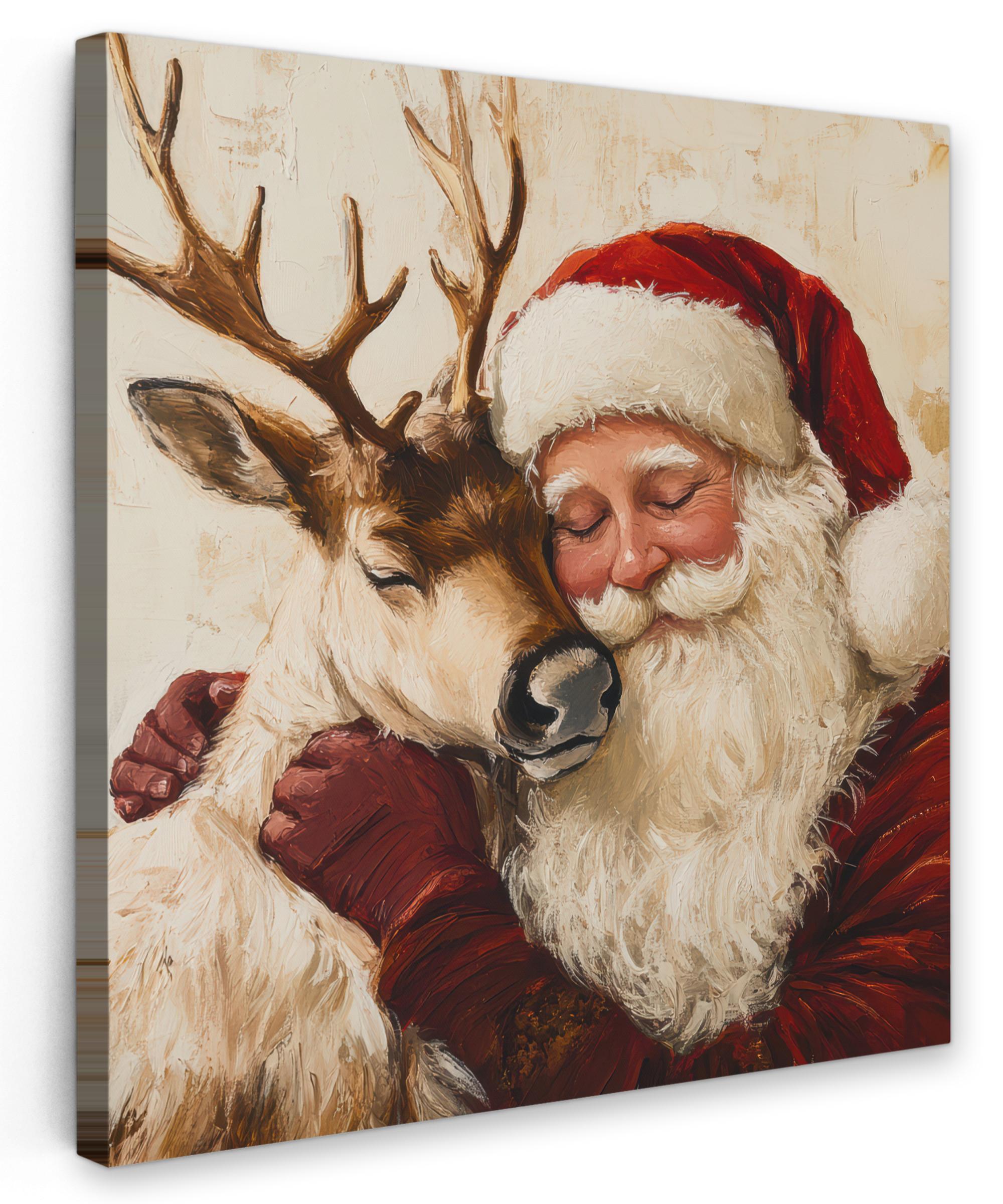 LEINWANDBILD Weihnachtsmann - Rentier - Weihnachten Deko Groß 90x90 cm - Rotbraun, Textil (90/90cm) - MuchoWow