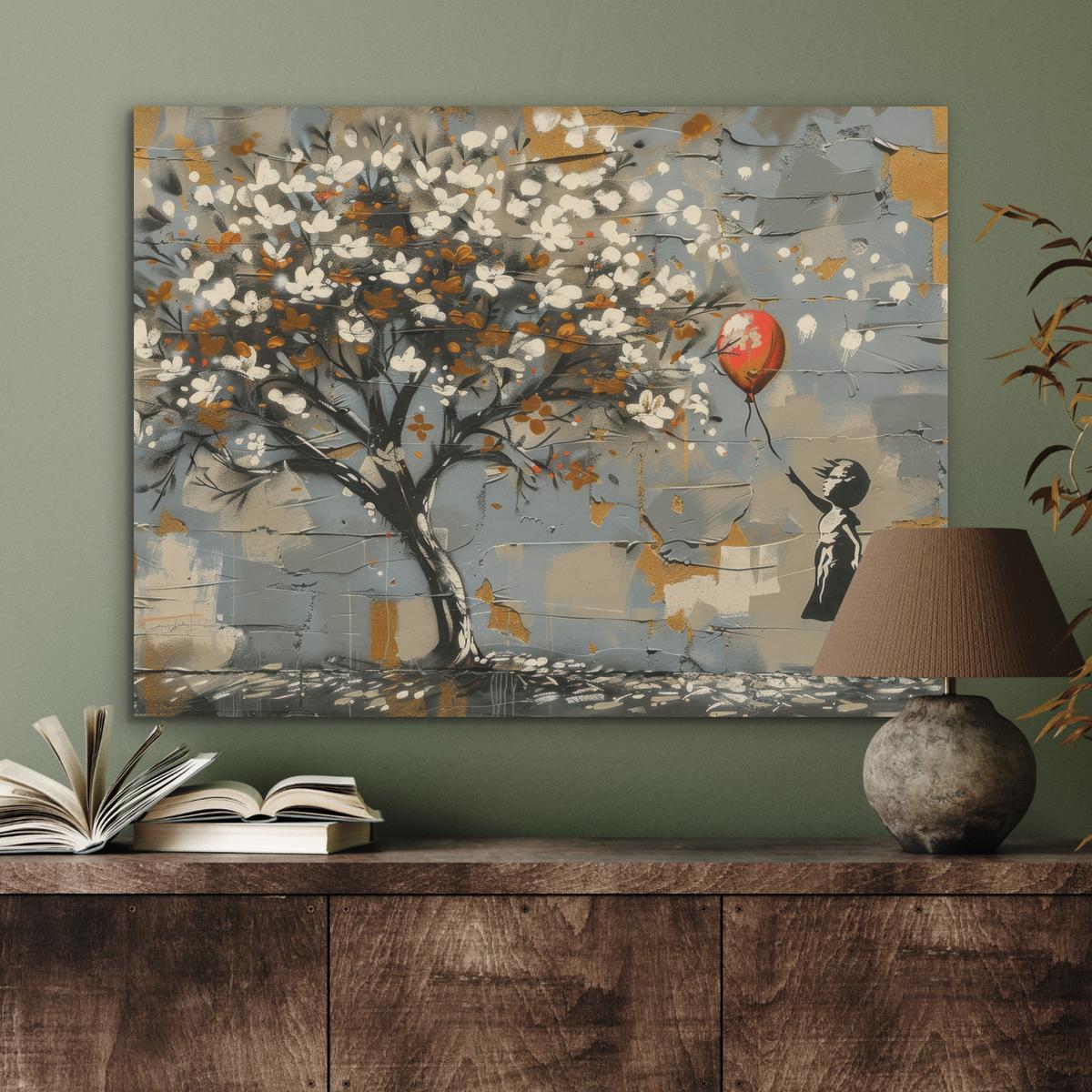 AKUSTIKBILD Baum - Graffiti - Banksy-Stil - Ballon-Mädchen Gemälde 80x60 cm - Blaugrau, Kunststoff (80/60/0.9cm) - MuchoWow
