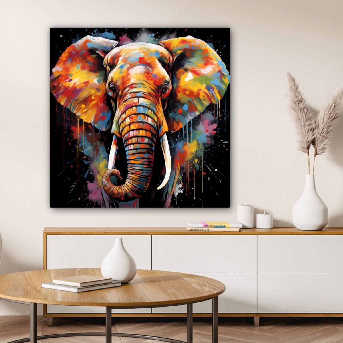LEINWANDBILD Elefant - Graffiti - Schwarz - Tiere - Farben Deko Groß 90x90 cm - Schwarz, Textil (90/90cm) - MuchoWow