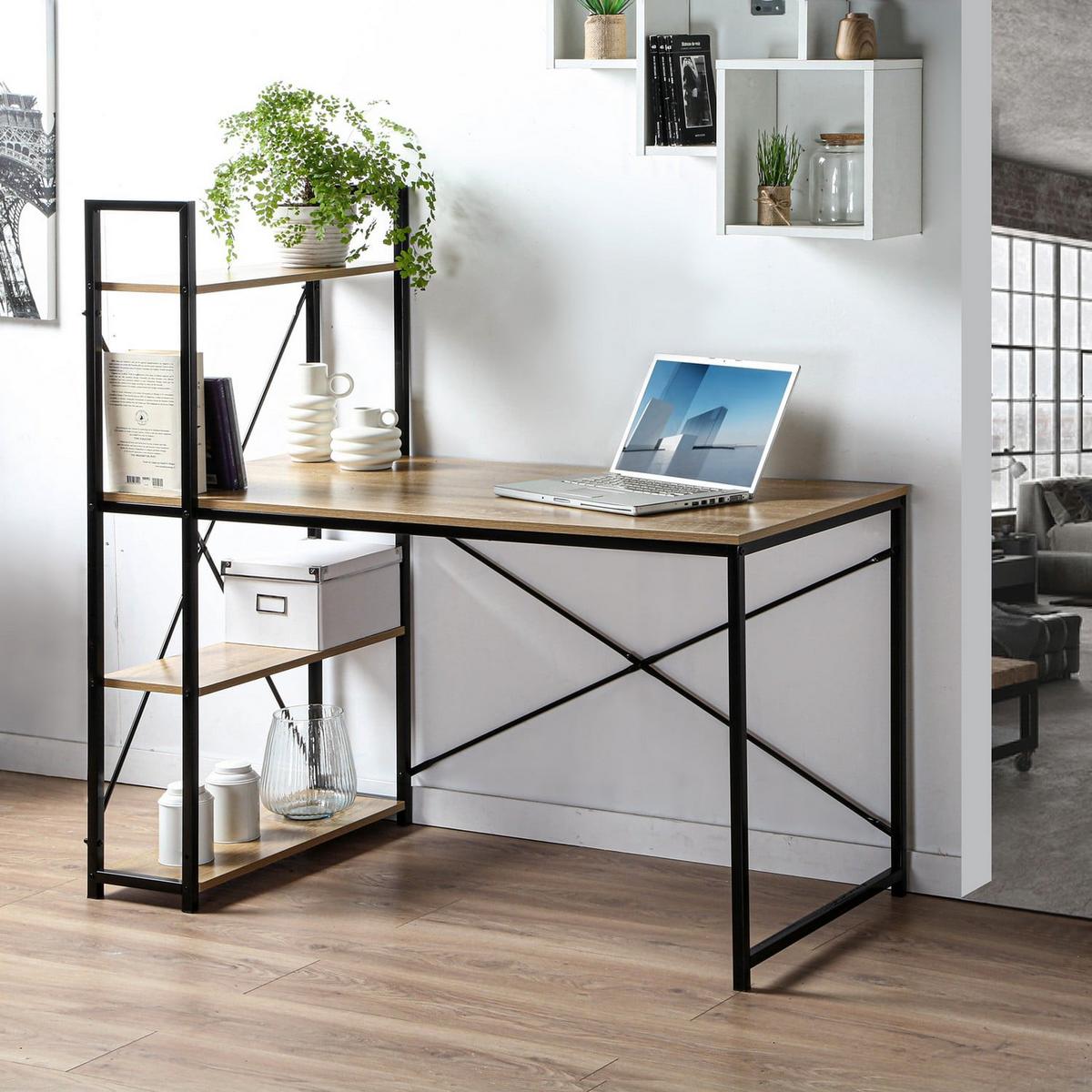 SCHREIBTISCH L120cm mit 4 Regalen im Industrial-Stil - Eschefarben, Holzwerkstoff (6.5/6.5/120cm) - Calicosy