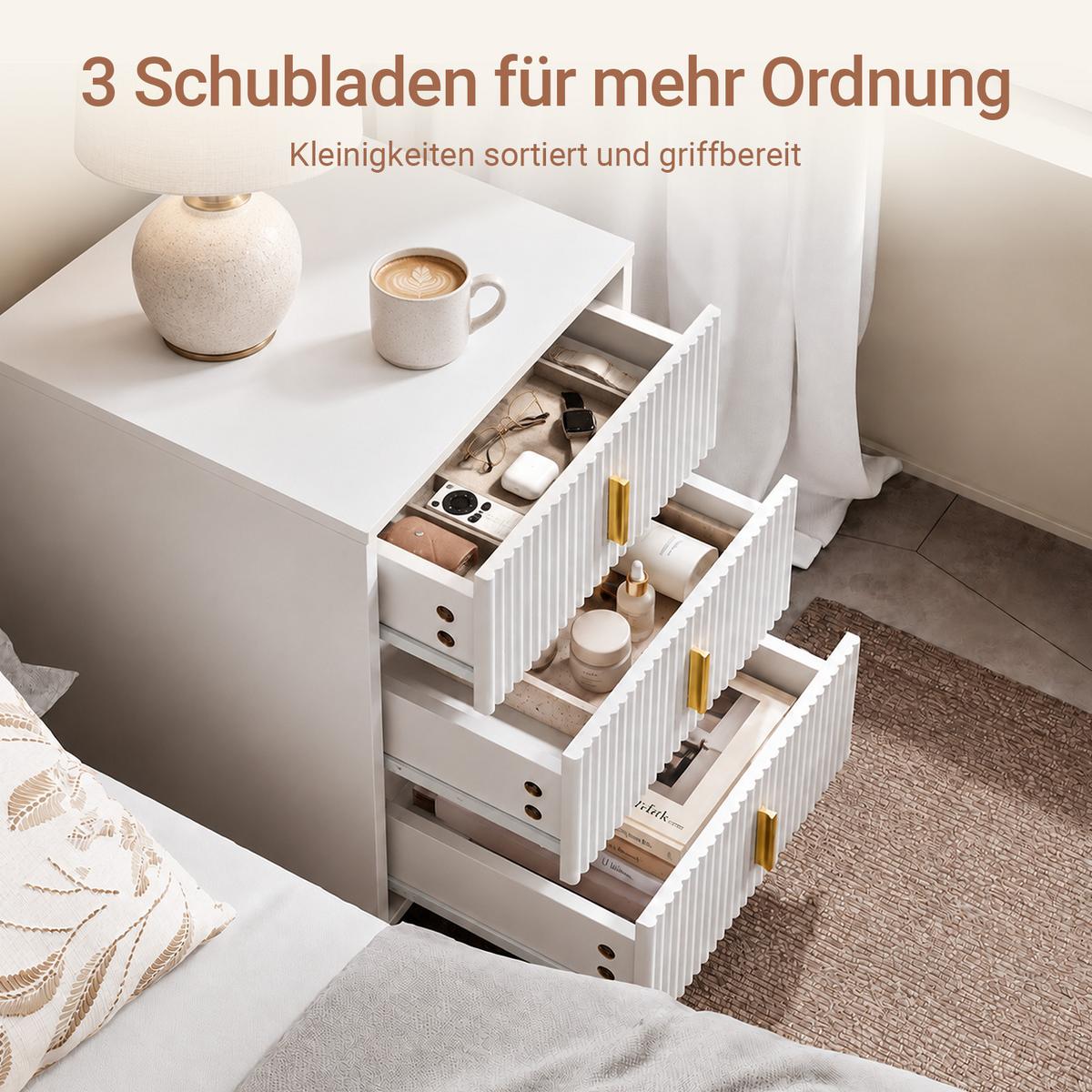 NACHTTISCH mit 3 schubladen, Weiß 40x40x63 cm, im skandinavischen Stil, auch als Beistelltisch - Weiß, Holzwerkstoff/Metall (40/63/40cm) - SoBuy