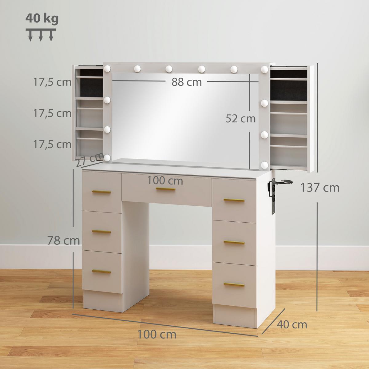 SCHMINKTISCH mit LED-Leuchten, Kosmetiktisch mit Spiegel, 7 Schubladen, Weiß - Goldfarben/Weiß, Holzwerkstoff/Metall (40/137/100cm) - HOMCOM