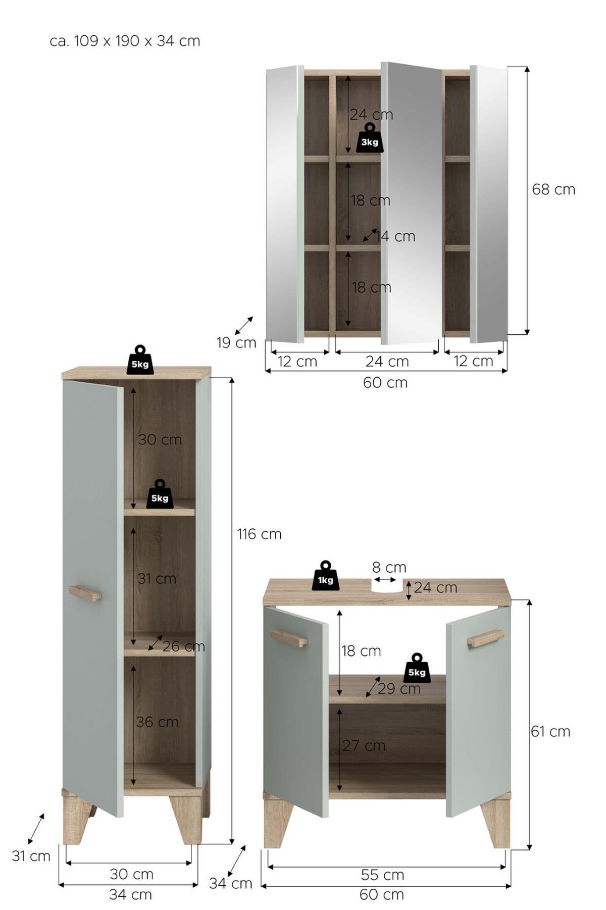 BADMÖBEL-SET 3-teilig grün, Eiche, Badkombination skandinavisch 109 x 190 cm - Eichefarben/Grün, Glas/Holzwerkstoff (109/190/34cm) - Inn.Furn