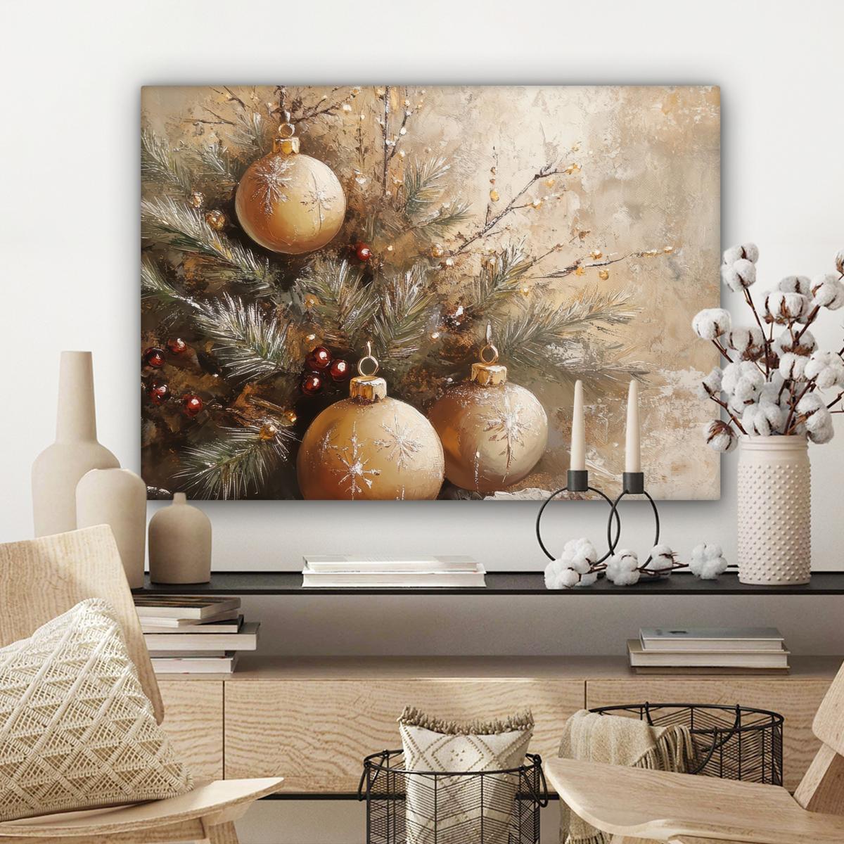 LEINWANDBILD Weihnachten - Kugeln - Beige - Gold Wandbilder 80x60 cm - Goldfarben, Textil (80/60cm) - MuchoWow