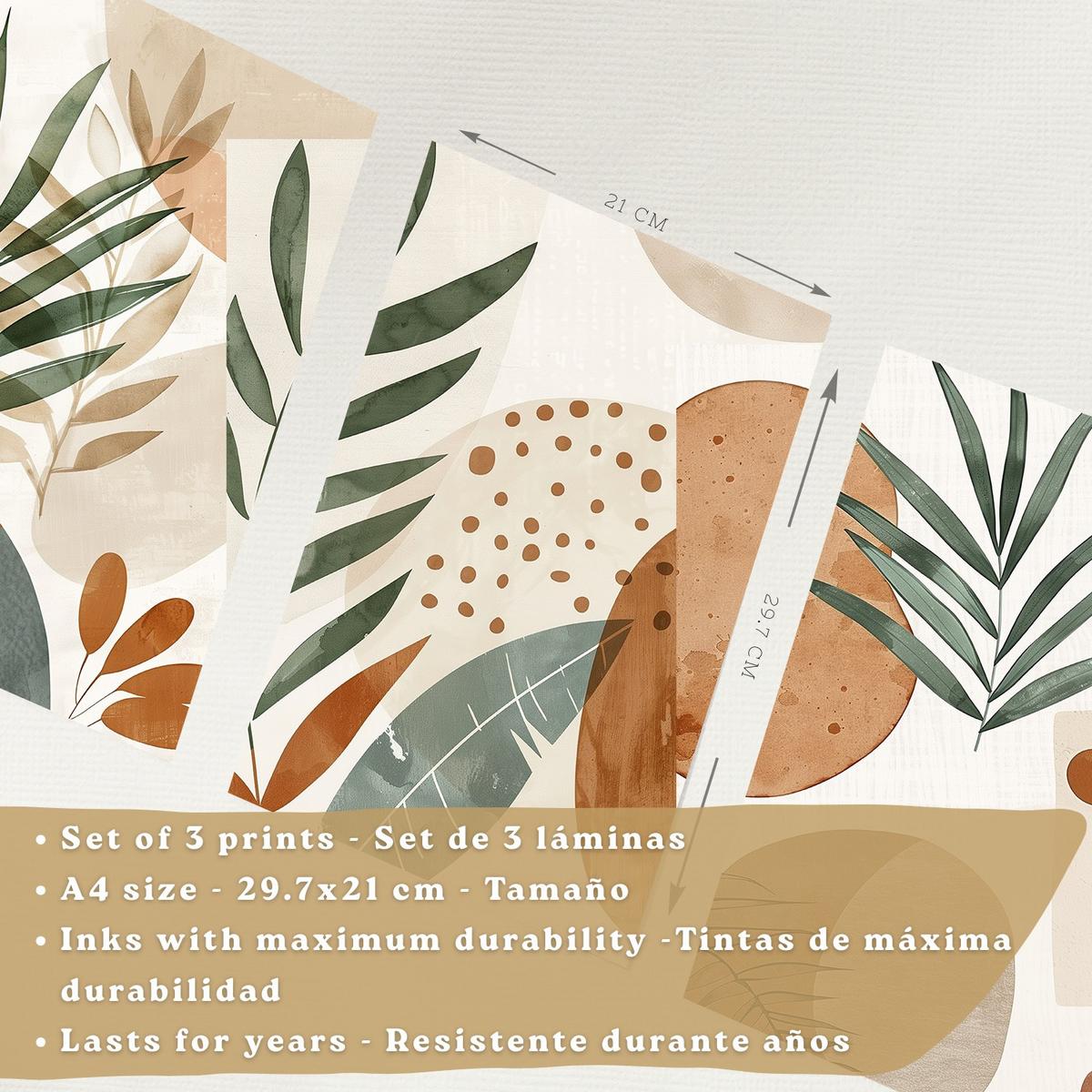 POSTER 3er Kunstdruck-Set Wandbilder Floral Abstrakt modern Wohnzimmer Deko, Schlafzimmer, Küche, Badezimmer Leichter Holzrahmen A4 - Beige, Papier (29.7/1/21cm) - Nacnic