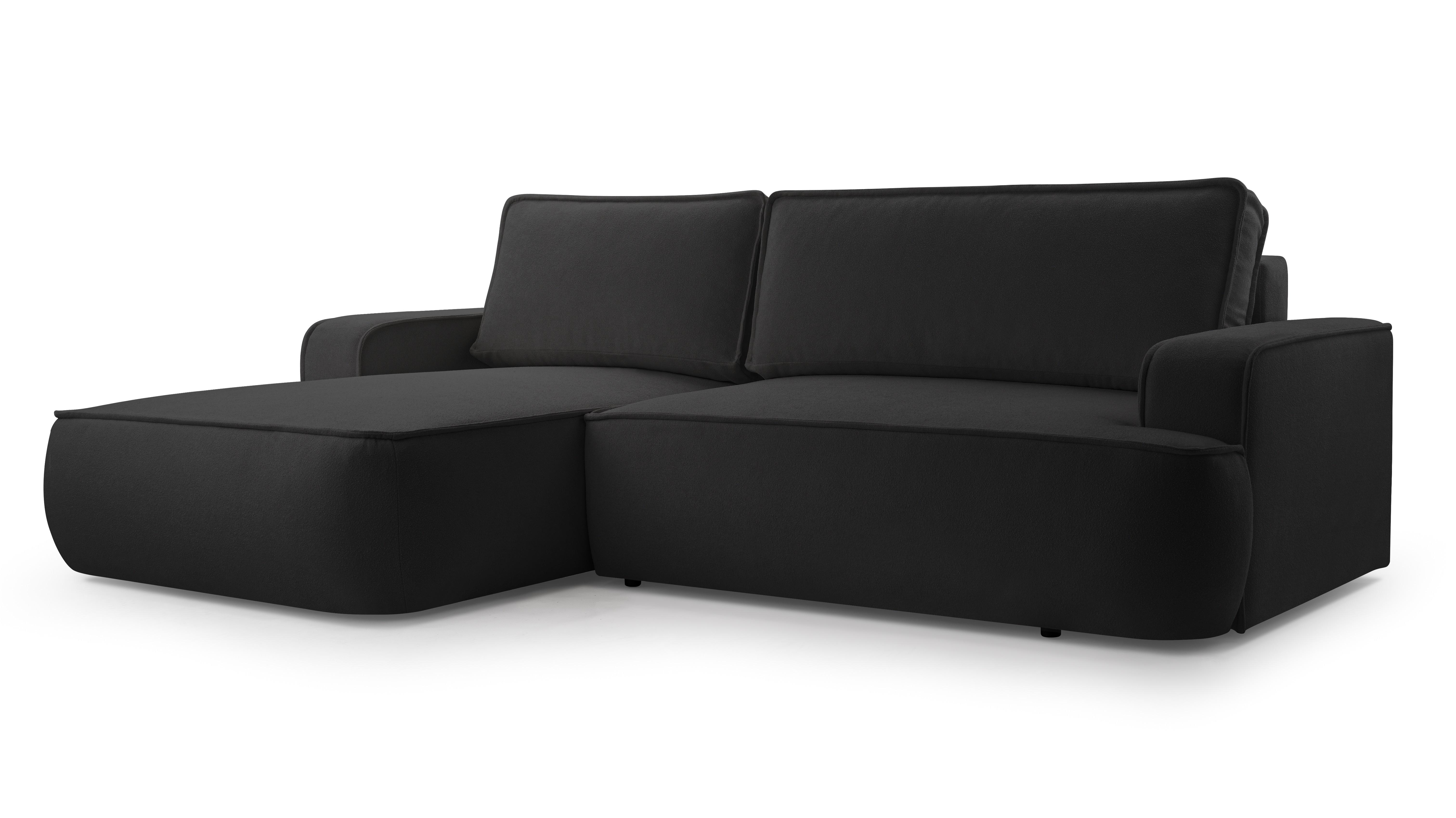 ECKSOFA SOLO Schwarz Boucle-Stoff mit Schlaffunktion - Schwarz, Holz (260/168cm) - MASSENO