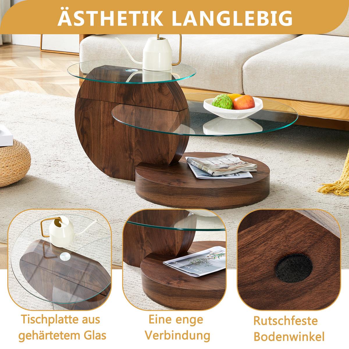 COUCHTISCH glas walnuss mehrstufig stauraum - Walnussfarben, Holzwerkstoff (70/90/44cm) - Urban Meuble
