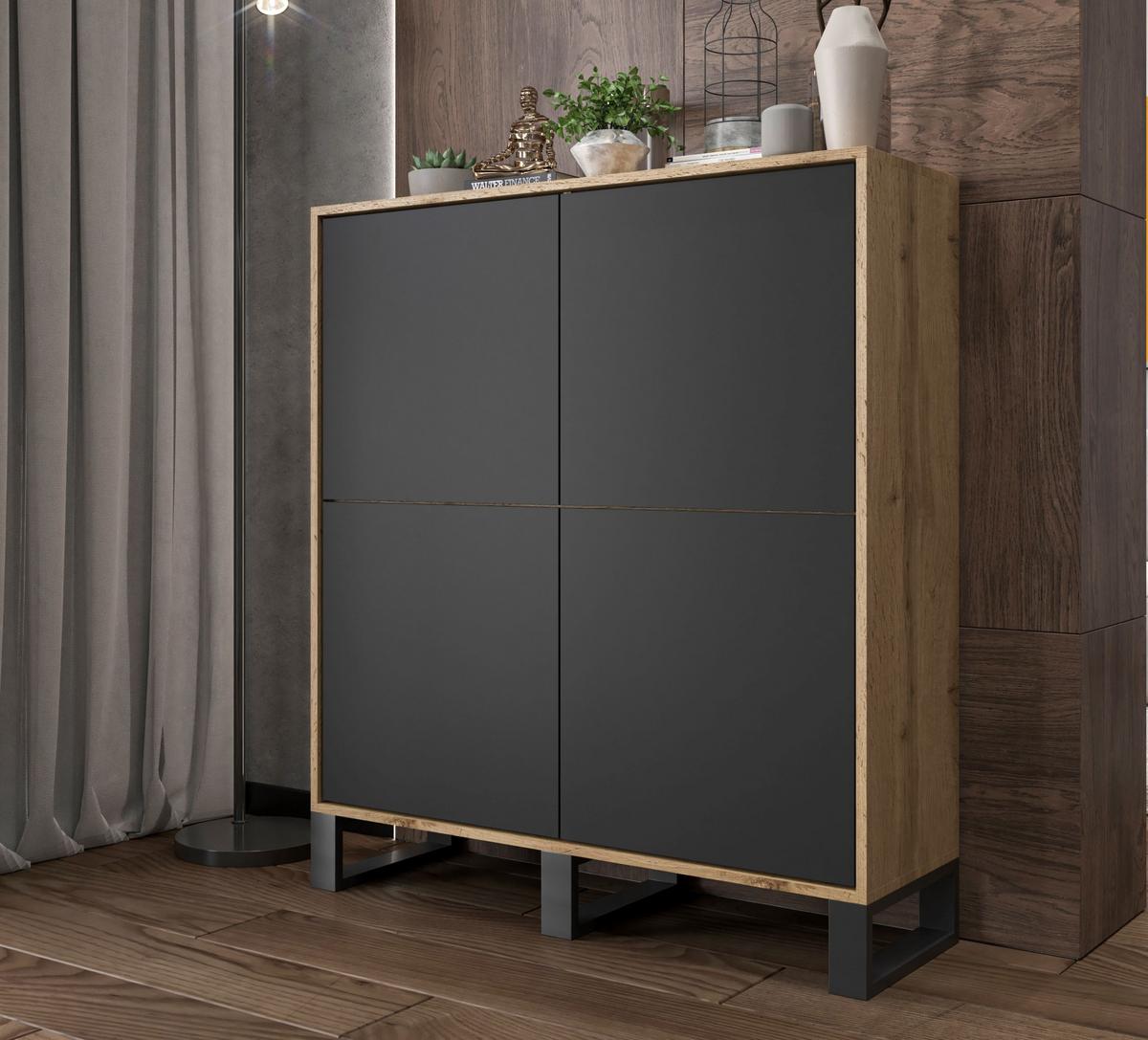 KOMMODE Apollo 4D Eiche wotan Schwarz Matt mit metallbeinen 113 cm - Schwarz, Holzwerkstoff/Metall (113/127/35cm) - Meble Lindner