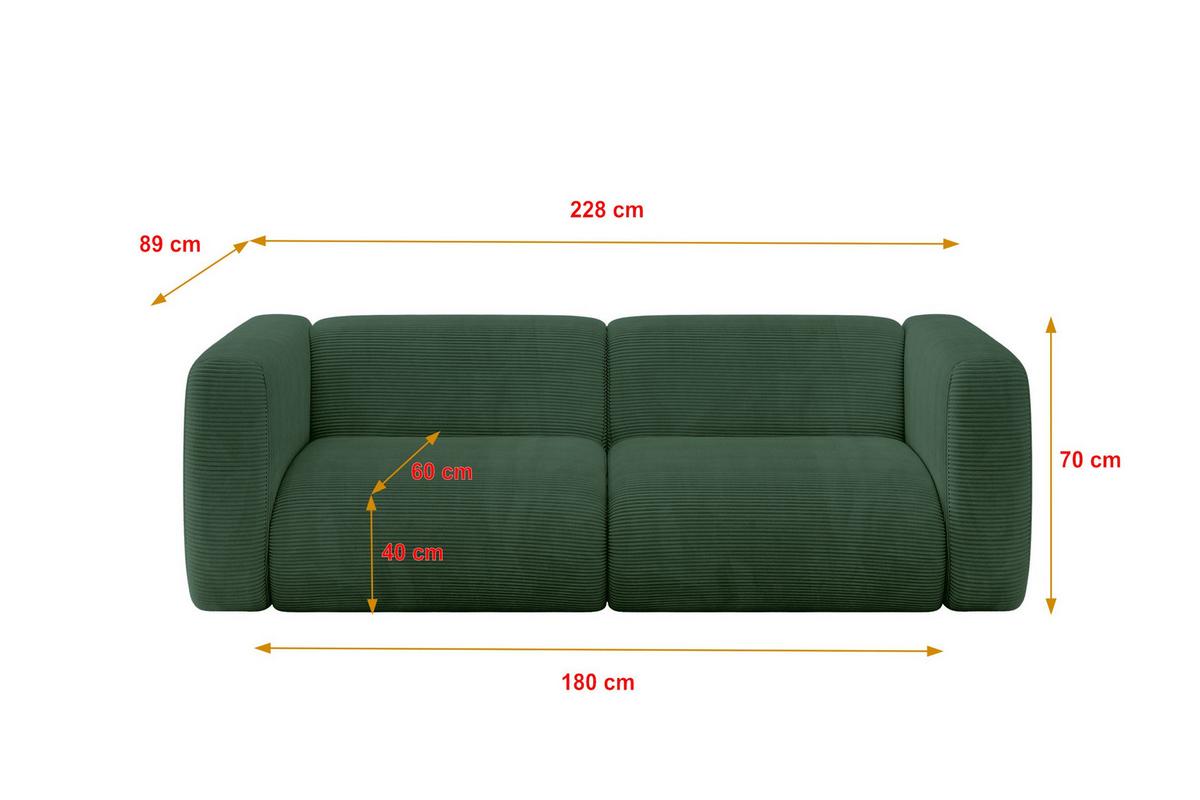 MODULARES Sofa 2-SITZER MIRA-S1 228x89x70 Grün cm Cord - Salbeigrün/Schwarz, Holzwerkstoff/Kunststoff (228/70/89cm) - ALTDECOR