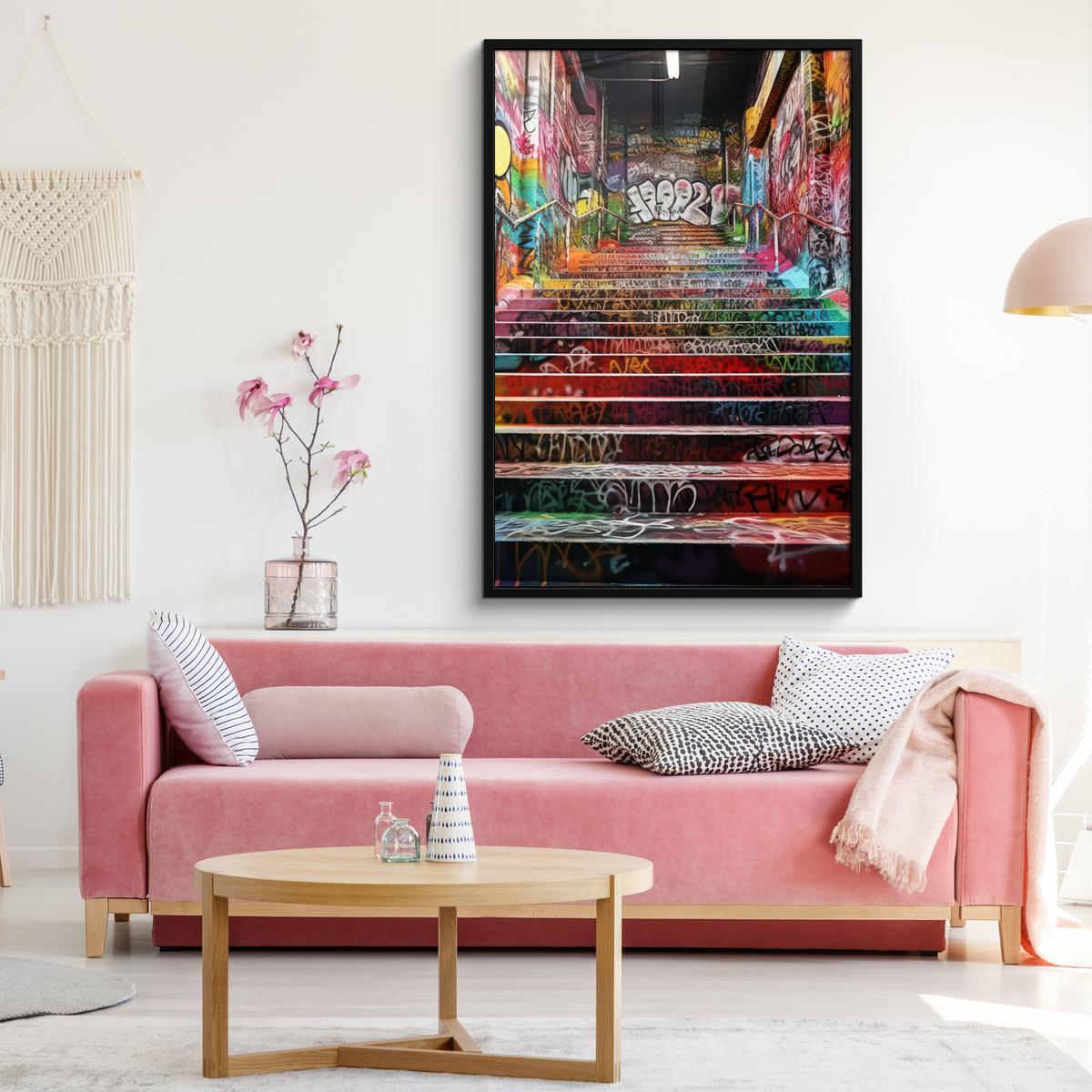 POSTER MIT RAHMEN Treppe - Graffiti - Farben - Kunst Bilderleiste 80x120 cm - Multicolor, Papier (80/120cm) - MuchoWow