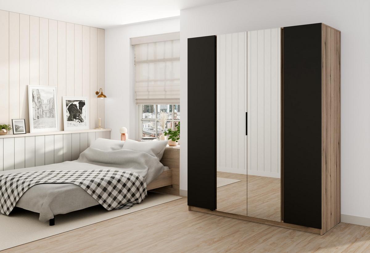 KLEIDERSCHRANK Nehir Eiche Evoke/Schwarz 200 cm - 4T Modern mit 2 Spiegeln mittig - Eichefarben/Schwarz, Holzwerkstoff/Kunststoff (200/239/61.9cm) - AX Living