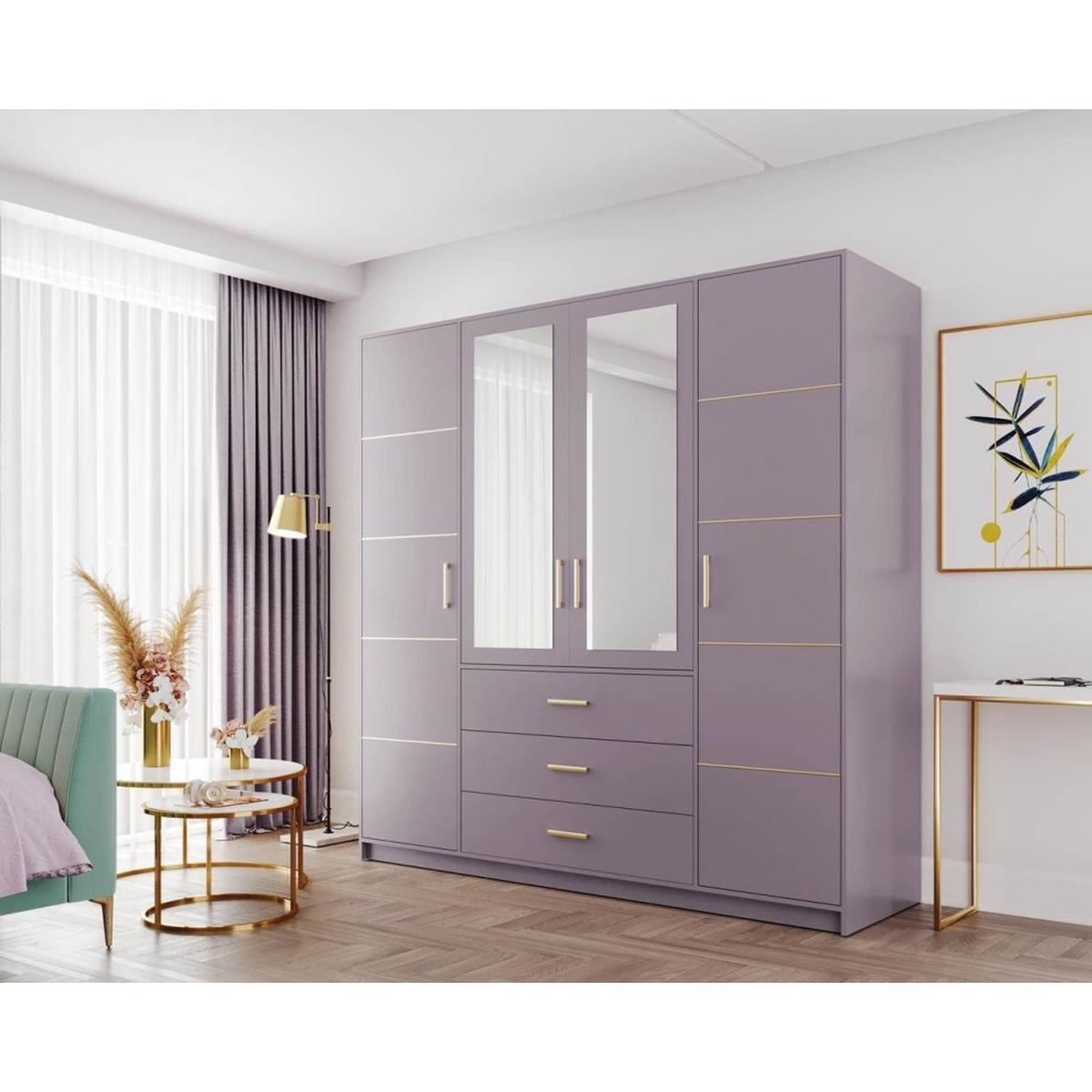 DREHTÜRENSCHRANK Bali 4-Türen, mit 3 Schubladen und Spiegel, Rosa - Rosa, Holzwerkstoff (196/200/58cm) - Beautysofa