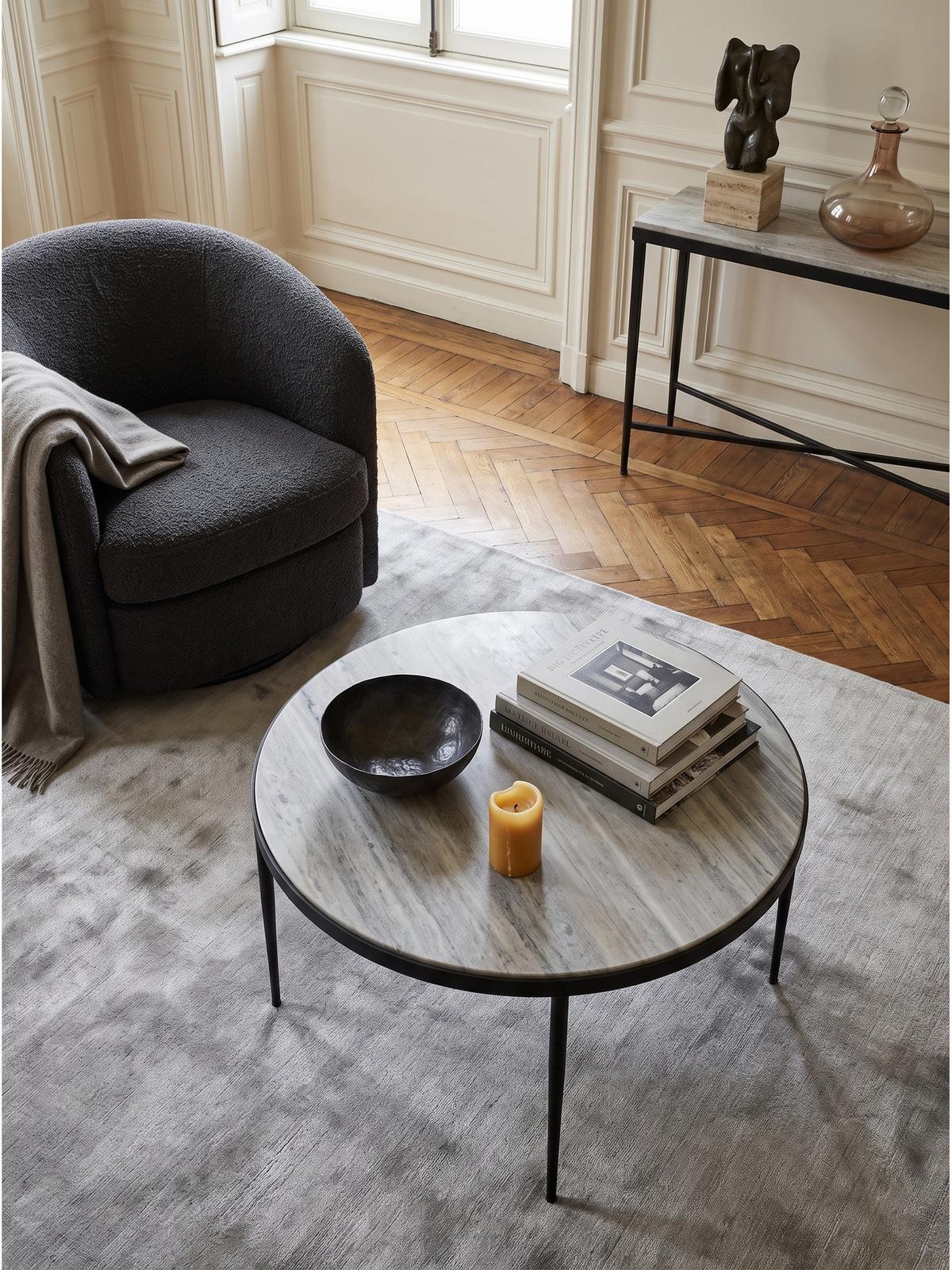 COUCHTISCH OMBRONE, Marmor, Grau-Marmoroptik, Ø 70 x 42 cm - Schwarz/Weiß, Stein/Metall (70/70/42cm) - KADIMA DESIGN