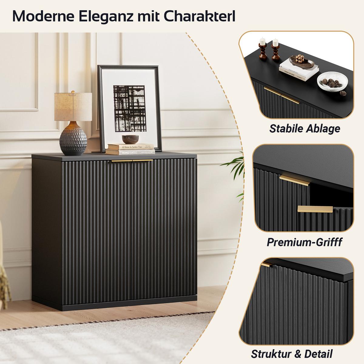 SIDEBOARD Schwarz 80 cm mit Riffeloptik & Gold-Griffen - Schwarz, Holzwerkstoff (80/80/40cm) - Urban Meuble