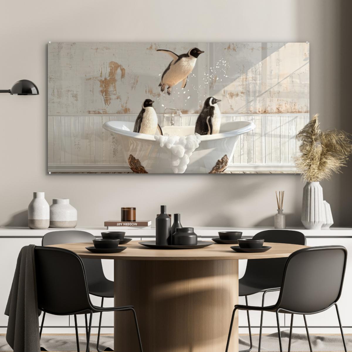 ACRYLGLASBILD Vintage - Pinguin - Badewanne - Schaumstoff 120x60 cm - Schwarz, Glas (120/60cm) - MuchoWow