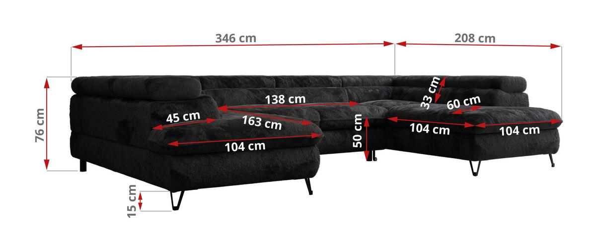 WOHNLANDSCHAFT PETER U Plüsch Schwarz - Schwarz, Textil/Metall (346/76/208cm) - MKS