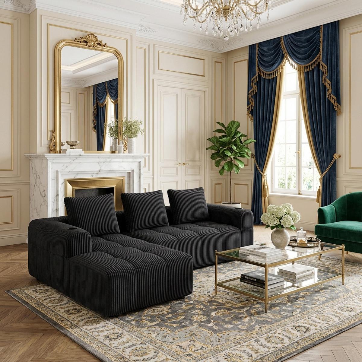 ECKSOFA 3-Sitzer mit Getränkehalter, Seitentaschen & 3 Kissen - Dunkelgrau, Textil (253/158cm) - Urban Meuble