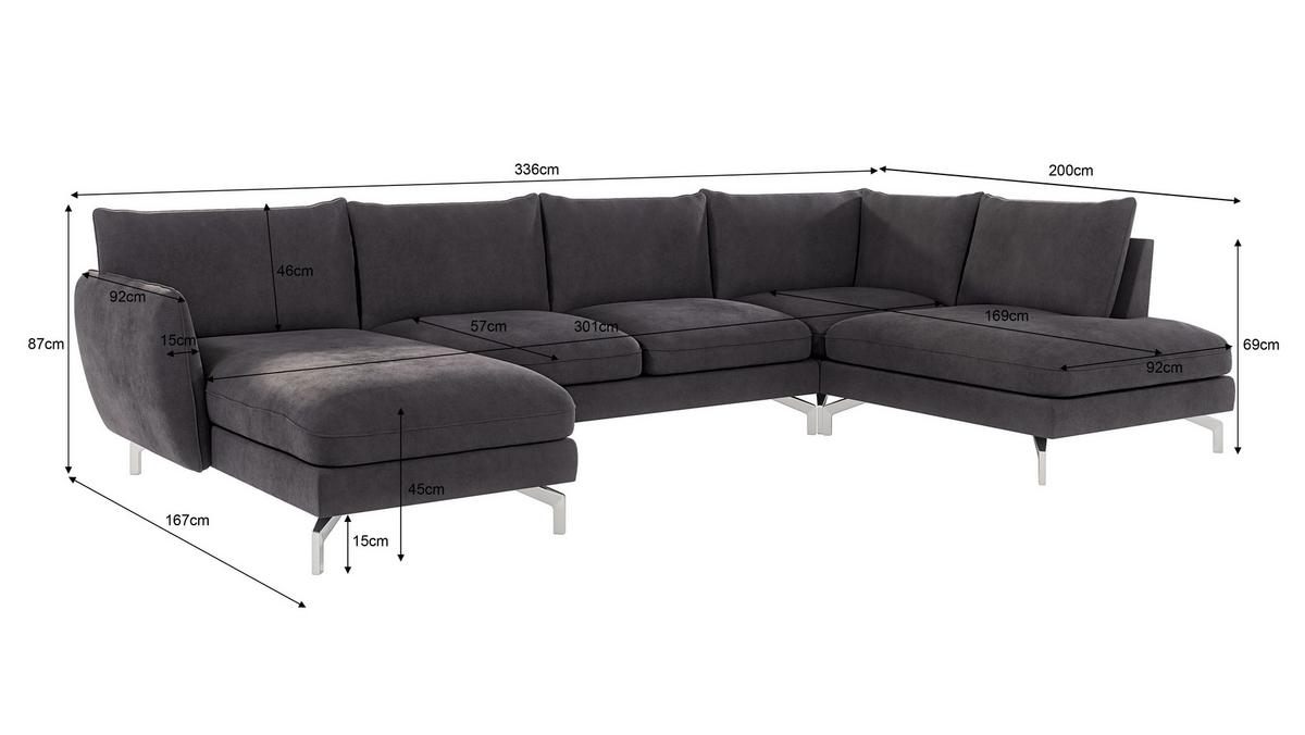 WOHNLANDSCHAFT Elou Graphit Luxusmicrofaser - Chromfarben/Graphitfarben, Textil/Metall (336/87/200cm) - S-Style Möbel