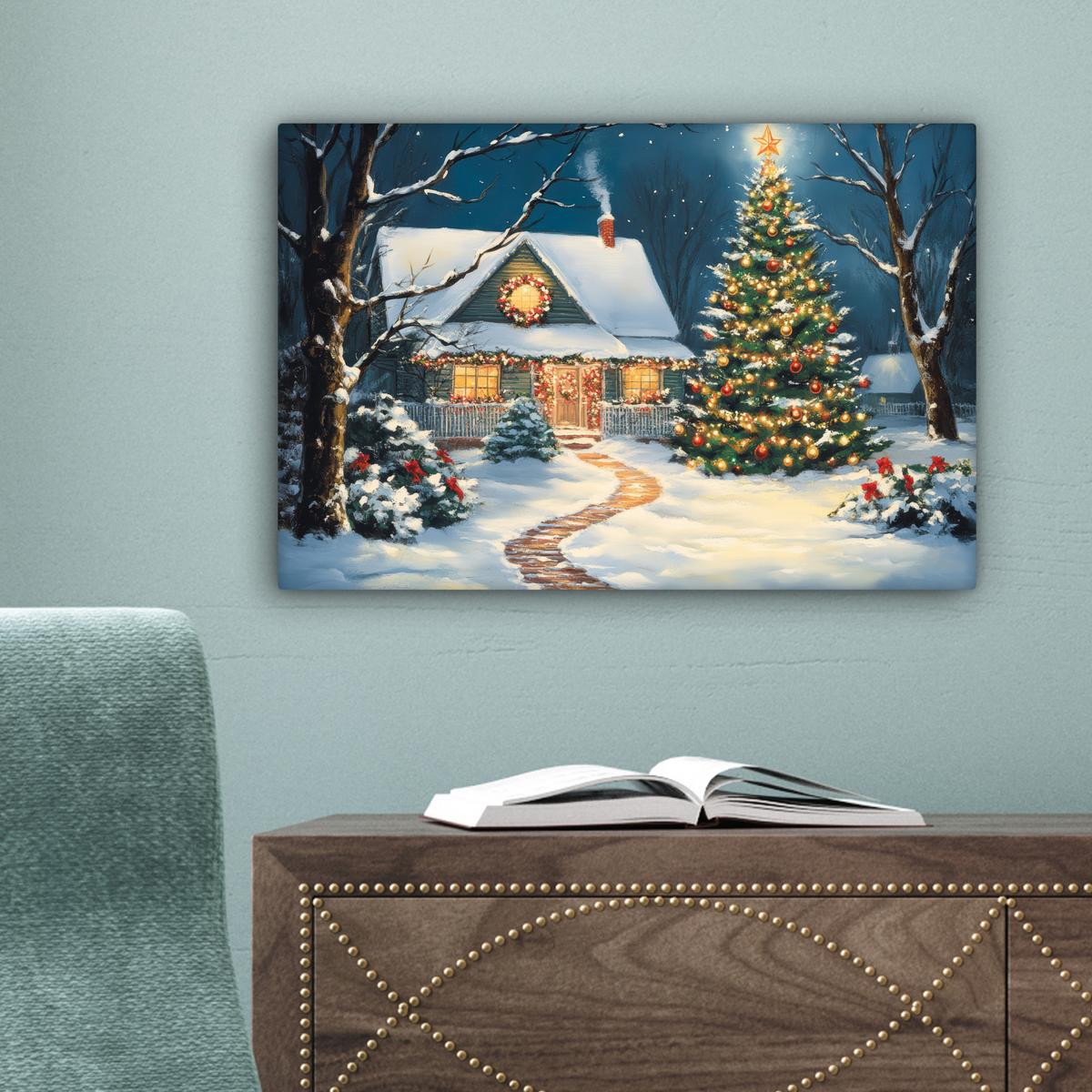 LEINWANDBILD Weihnachten - Weihnachtsbaum - Winter - Zuhause - Schnee Deko Schlafzimmer 30x20 cm - Smaragdgrün, Textil (30/20cm) - MuchoWow