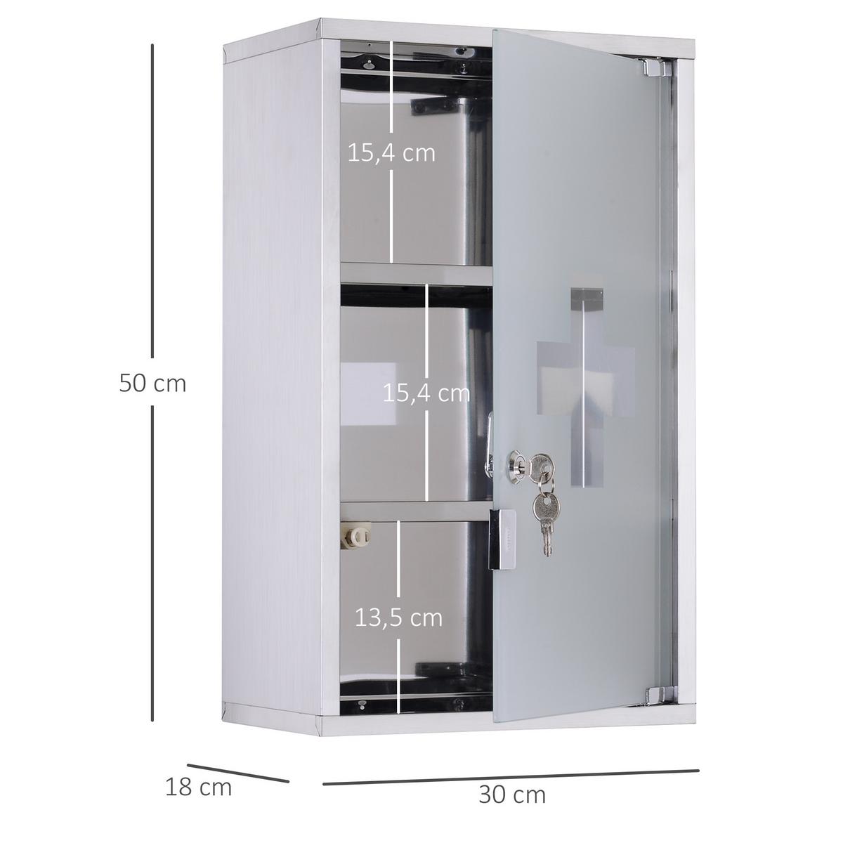 MEDIZINSCHRANK Arzneischrank Erste Hilfe mit Schloss Edelstahl 30 x 18 x 50 cm - Silberfarben, Glas (18/50/30cm) - HOMCOM