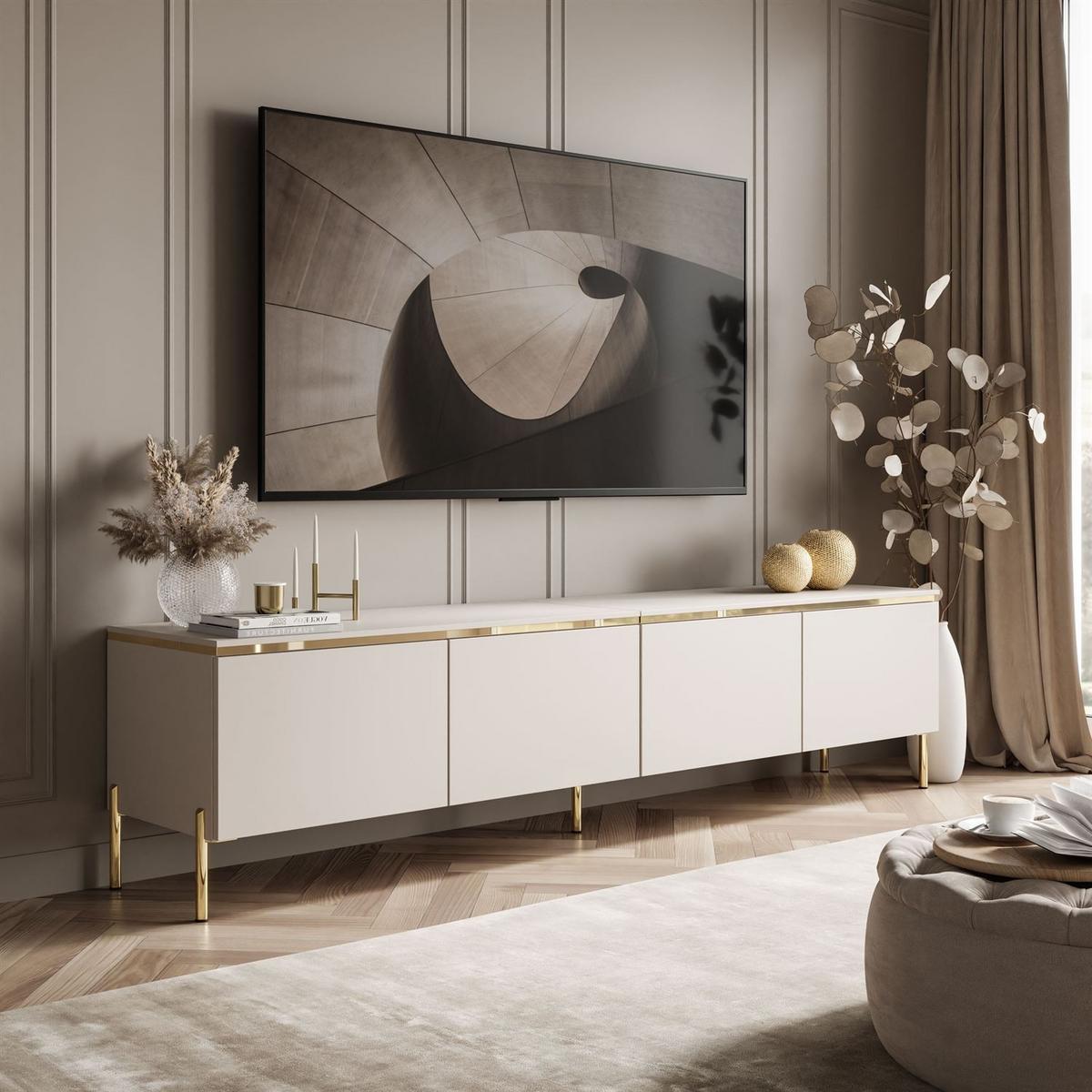TV-LOWBOARD CELINE KASCHMIR 200 cm auf geraden goldenen Chrom-Beinen - Kaschmir/Goldfarben, Holzwerkstoff/Metall (200/49/40cm) - Lookway