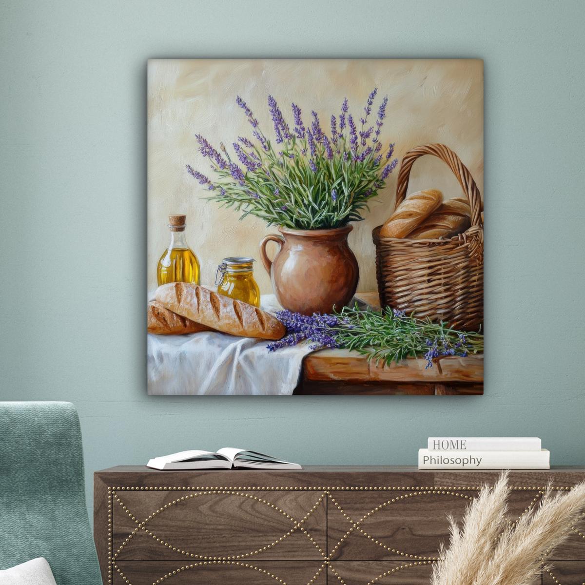 LEINWANDBILD Lavendel - Brot - Stilleben Deko Groß 90x90 cm - Flieder, Textil (90/90cm) - MuchoWow