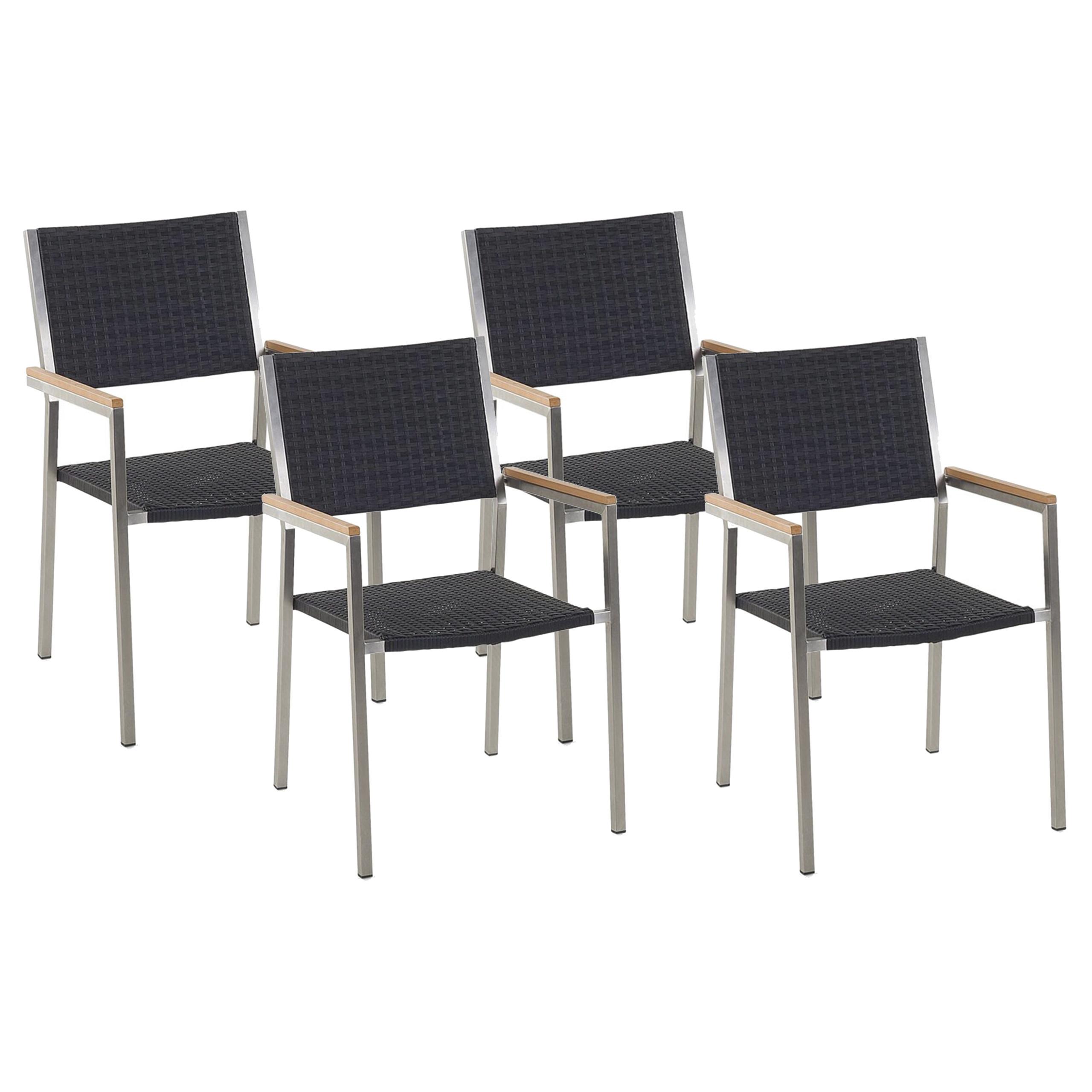 GARTENSTUHL 4er-Set Rattan Edelstahl Grosseto - Silberfarben/Schwarz, Kunststoff (55/87/58cm) - Beliani