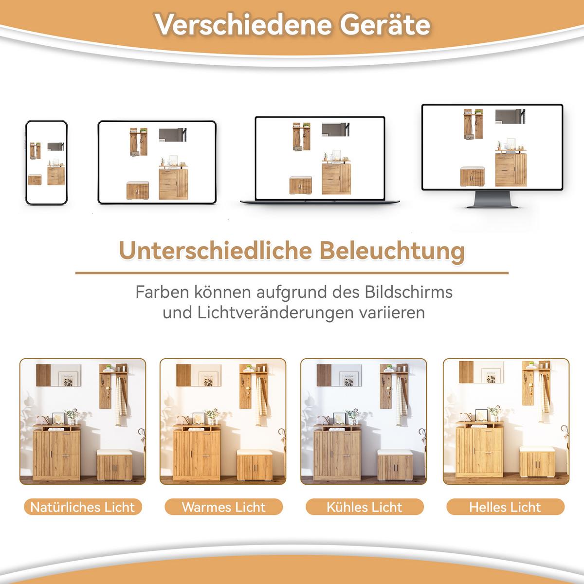 GARDEROBEN-SET 140 cm Natur – Flurmöbel mit Spiegel, Schuhbank & 5 Türen Modern - Naturfarben, Holzwerkstoff (140/133/35cm) - Urban Meuble