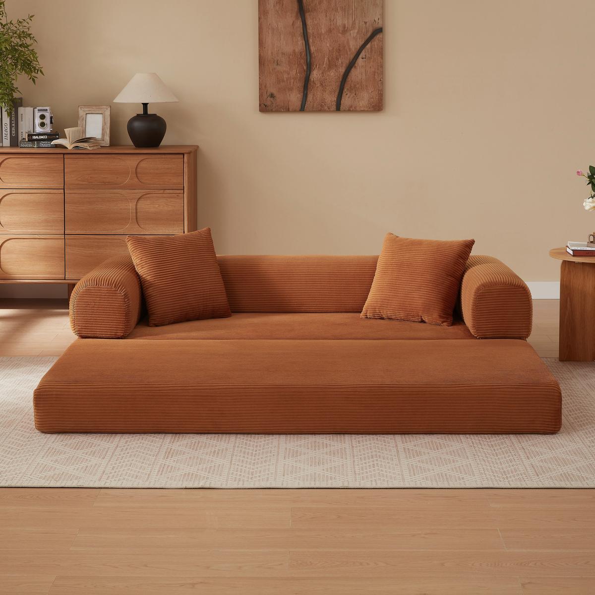 SCHLAFSOFA aus Cord in Terracotta 2-in-1 Funktion & zum Gästebett klappbar - Dunkelorange, Textil (89/59/195cm) - Urban Meuble