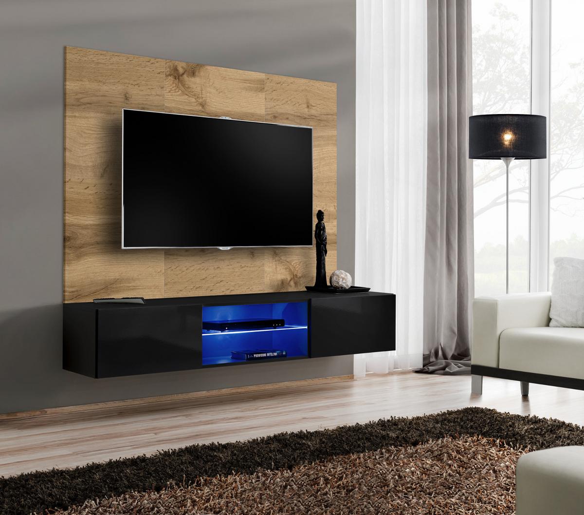 TV-LOWBOARD Eiche Wotan und schwarz 180 cm hängend, Set inklusive LED-Beleuchtung - Eiche Wotan/Schwarz, Glas/Holzwerkstoff (180/148/40cm) - Inn.Furn