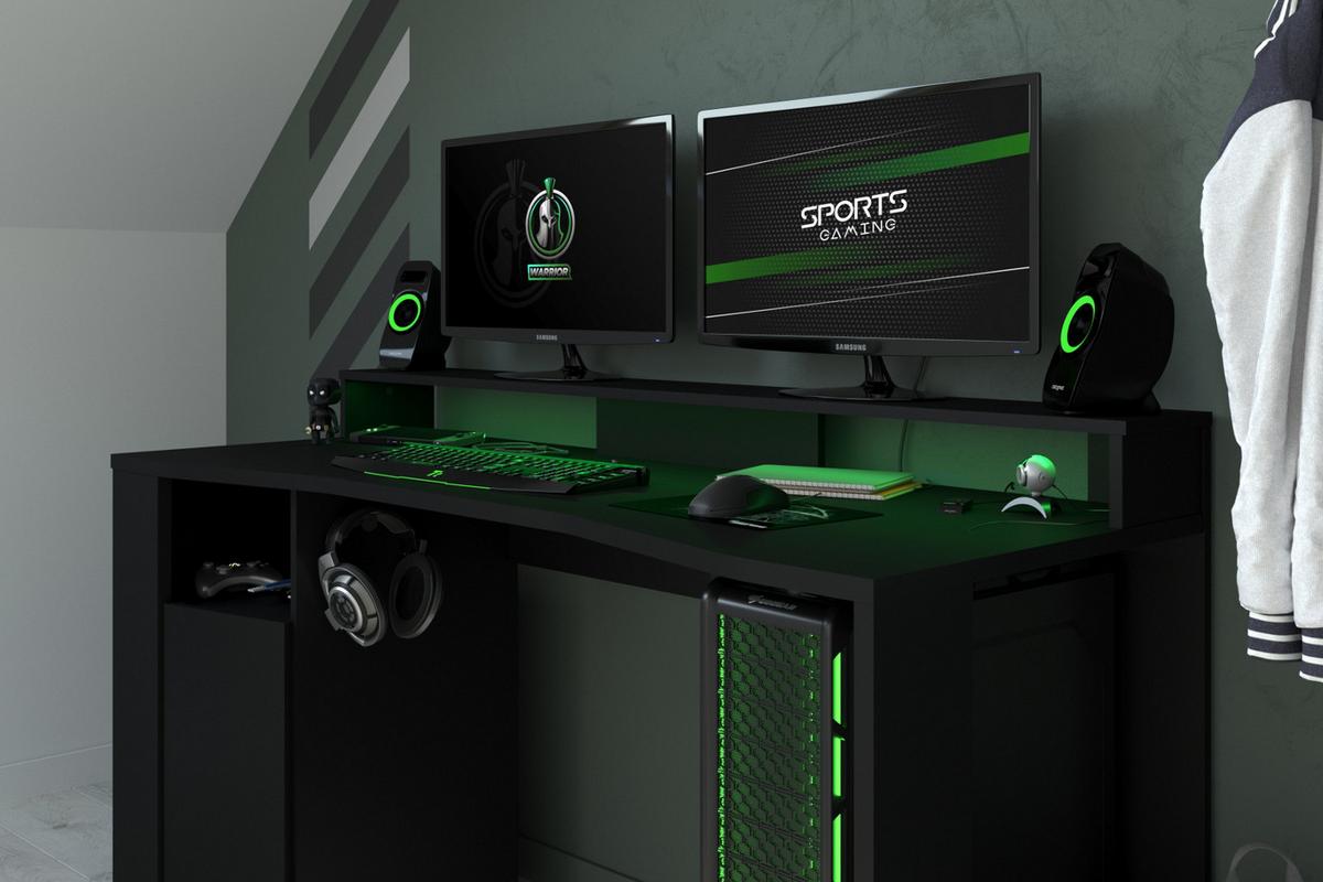 GAMINGTISCH schwarz, Schreibtisch mit Monitorpodest und LED Beleuchtung - Schwarz, Holzwerkstoff (62/152/87cm) - Parisot Meuble