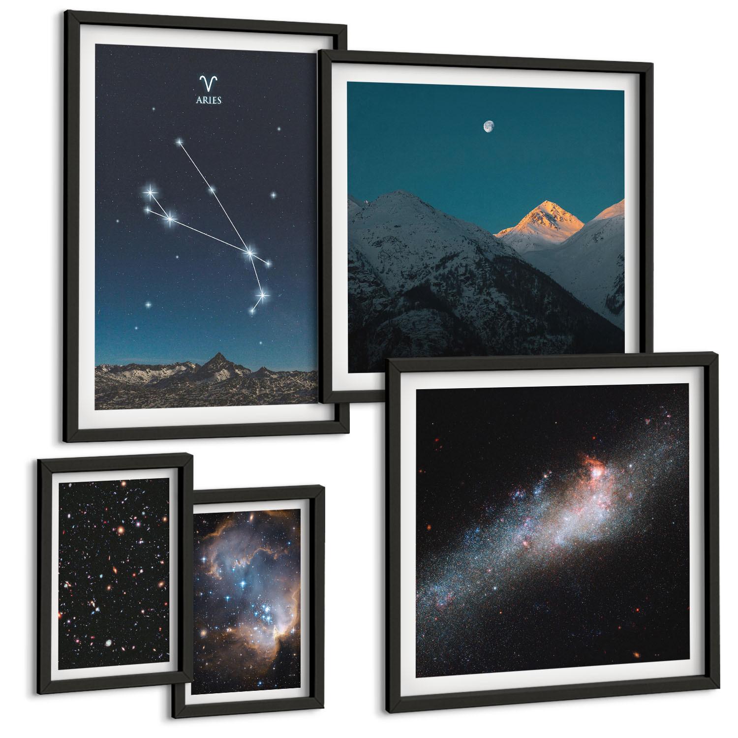 BILDER SET 5er Set - 50x50 cm & 20x30 cm & 40x60 cm Schwarzer Rahmen - Kosmische Landschaften von Galaxien - Schwarz, Kunststoff (40/60cm) - TULUP