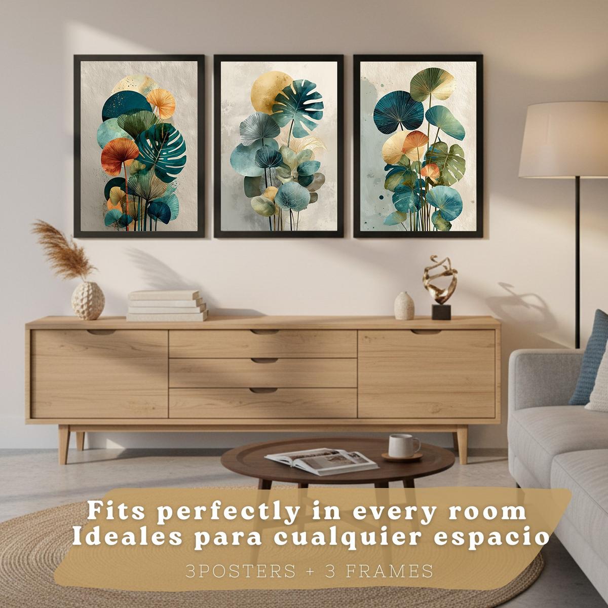POSTER 3er-Set Wandbilder Pflanzen modern Wohnzimmer Deko, Schlafzimmer, Küche, Badezimmer Schwarzer Rahmen A3 - Schwarz, Papier (29.7/1/42cm) - Nacnic