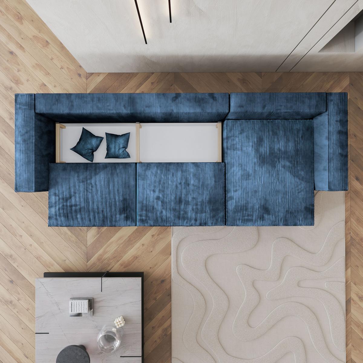 ECKSOFA TOLMO P Blau Kordstoff mit Schlaffunktion - Blau/Grau, Holz/Kunststoff (347/148cm) - MASSENO