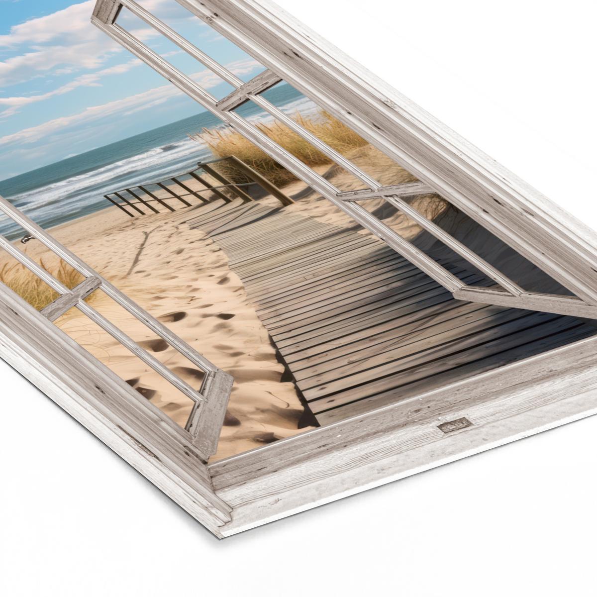 POSTER MIT RAHMEN Fenster - Meer - Küste - Natur - Ausblick - Strand - Wattenmeer 60x90 cm - Beige, Papier (60/90cm) - MuchoWow