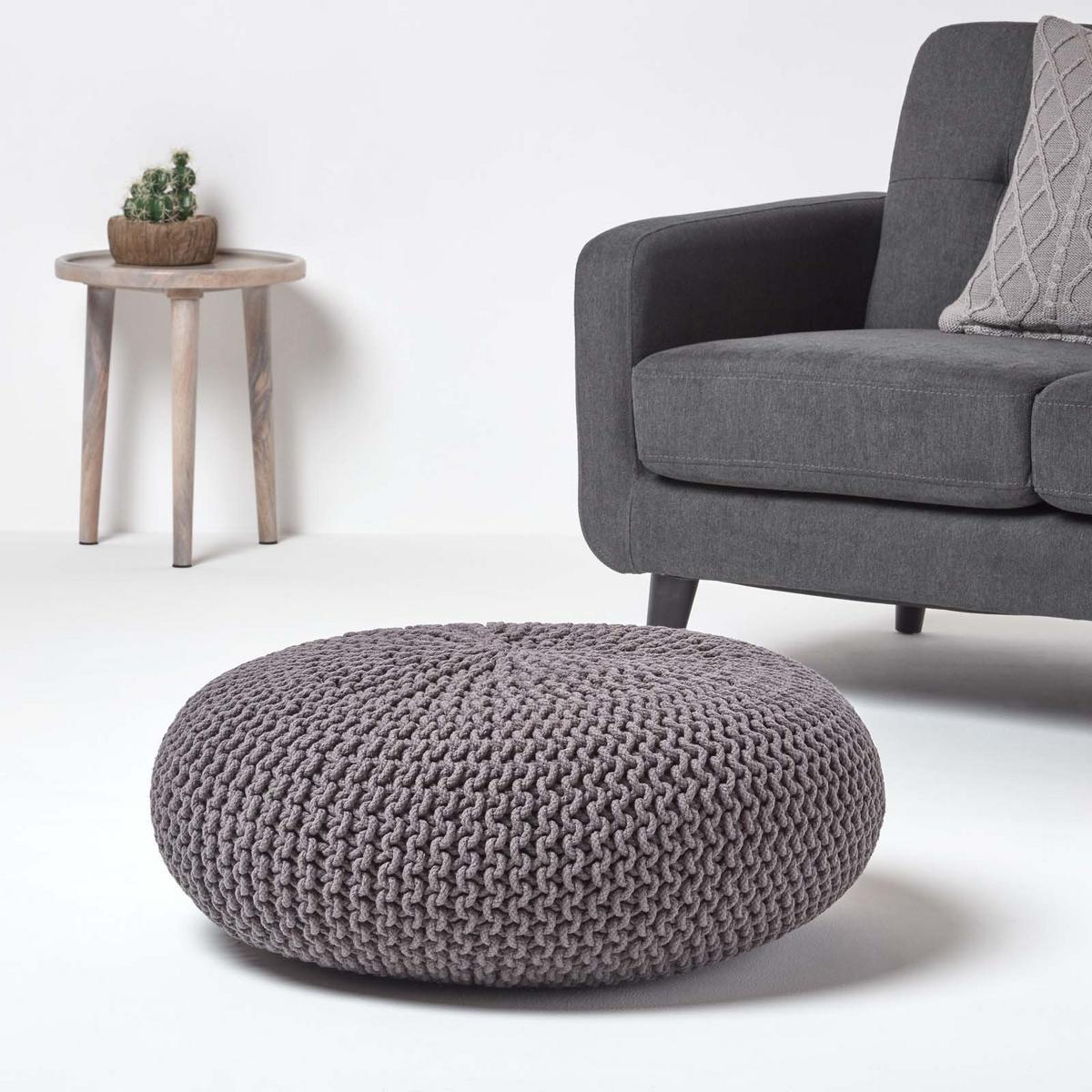 STRICK-POUF grau, Bodenkissen rund 70/70/23 cm - Grau, Textil (70/23/70cm) - Homescapes