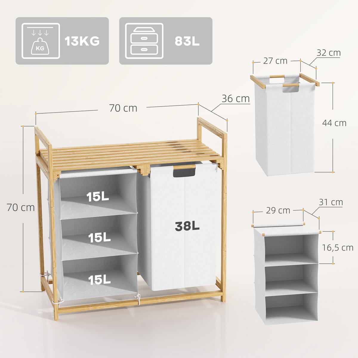 WÄSCHEKORB 4 Fächer Wäschesammler mit 2 ausziehbaren Wäschesäcken Weiß - Weiß/Naturfarben, Naturmaterialien/Bambusholz (36/70/70cm) - HOMCOM