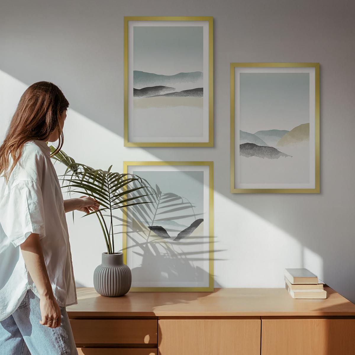 BILDER SET 3er Set - 40x60 cm Goldrahmen - Minimalistische Pastellberge - Goldfarben, Kunststoff (40/60cm) - TULUP