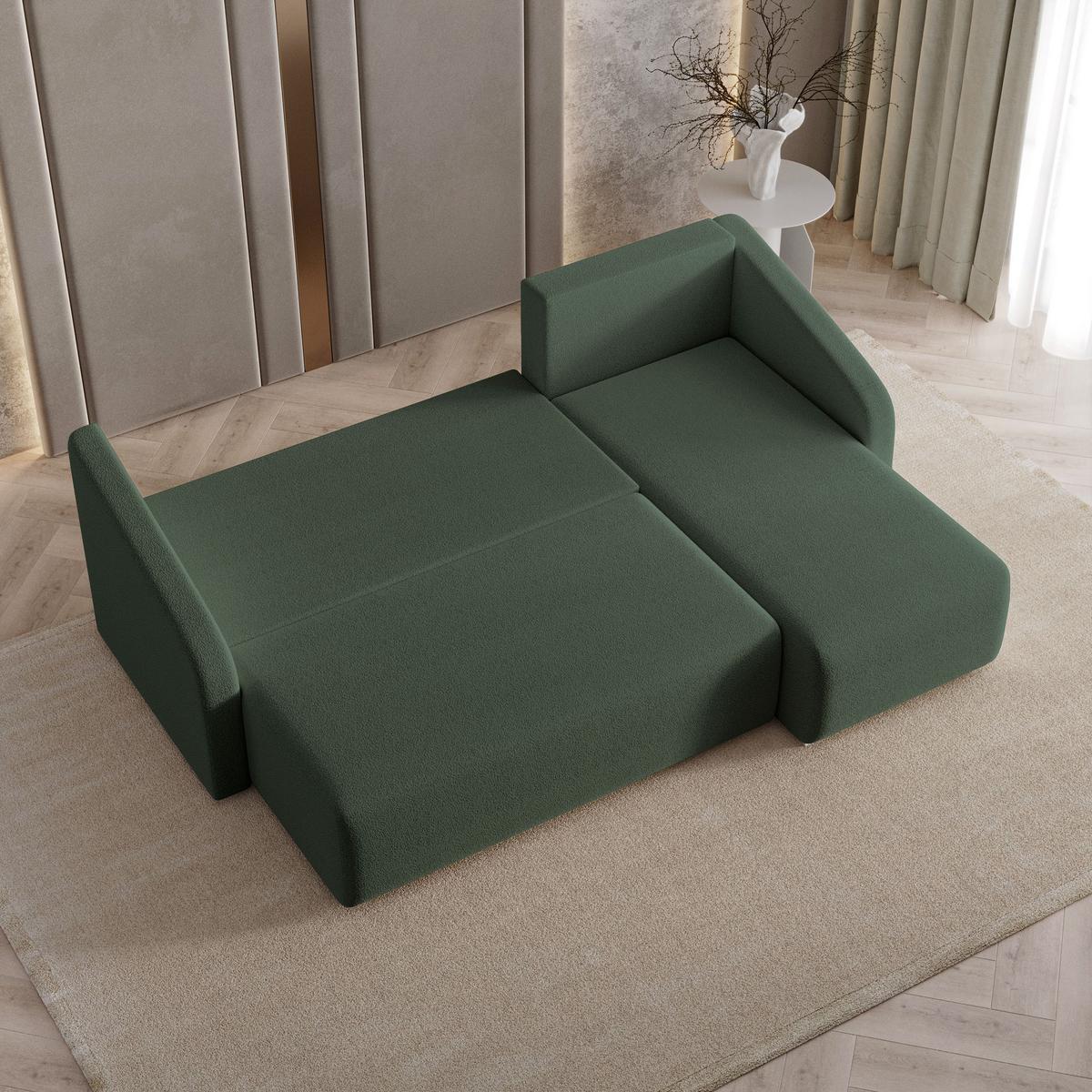 ECKSOFA MARELLO Grün Boucle-Stoff mit Schlaffunktion - Grün, Holz (220/143cm) - MASSENO